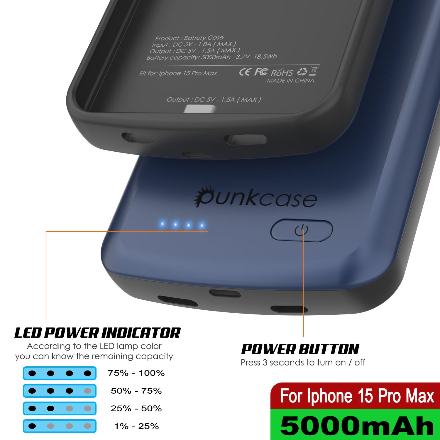 iPhone 15 Pro Max Battery Case, PunkJuice 5000mAH Fast