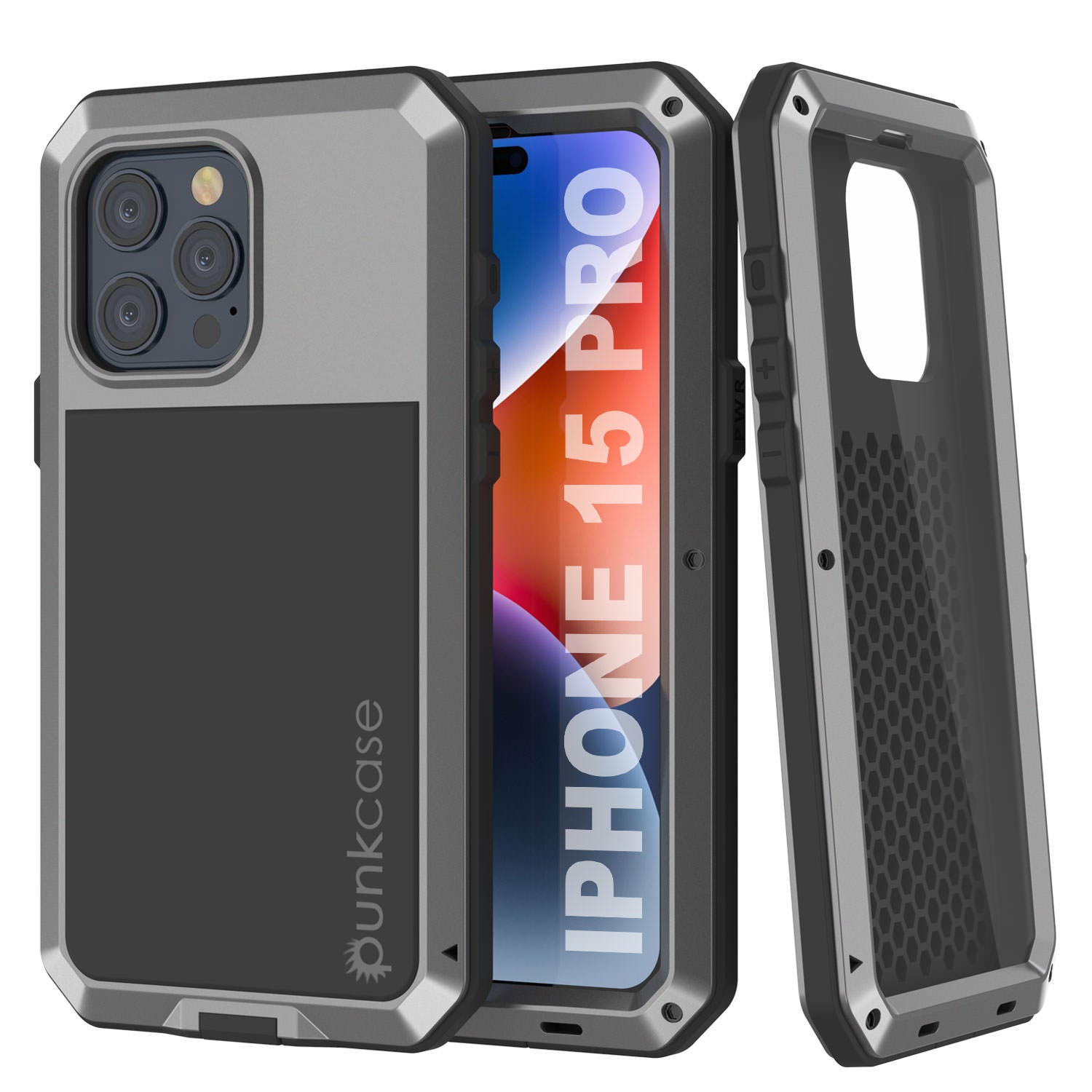 iPhone 15 Pro Metal Case, Heavy Duty Military Grade Armor Cover [shock proof] Full Body Hard [Silver]