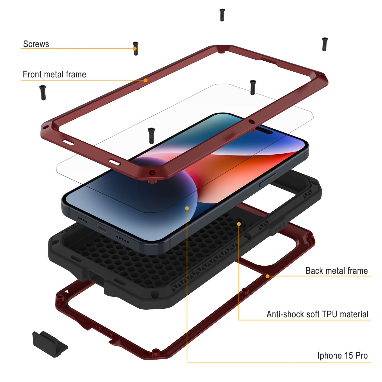 iPhone 15 Pro Metal Case, Heavy Duty Military Grade Armor Cover [shock proof] Full Body Hard [Red]