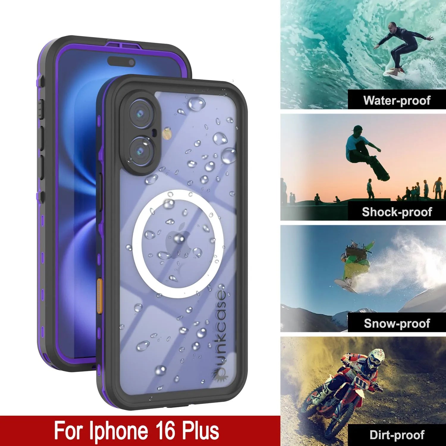 iPhone 16+ Plus Waterproof Case, Punkcase SpikeStar Purple Series | Thin Fit 6.6ft Underwater IP68