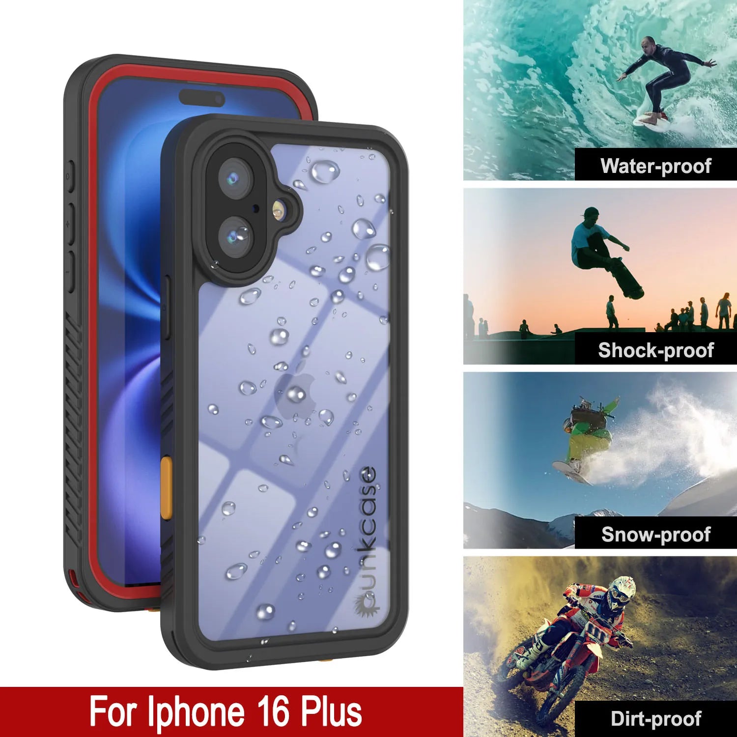 iPhone 16 Plus Waterproof Case, Punkcase [Extreme Series] Armor Cover W/ Built In Screen Protector [Red]