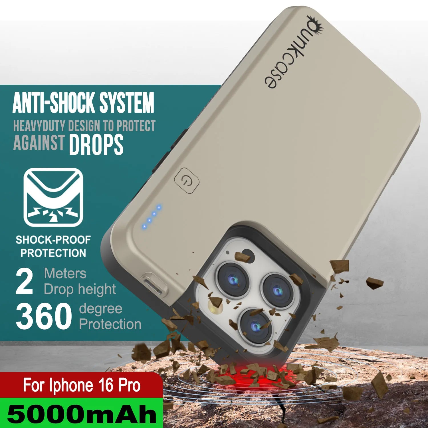 iPhone 16 Pro Battery Case, PunkJuice 5000mAH Fast Charging MagSafe Power Bank W/ Screen Protector | [Gold]