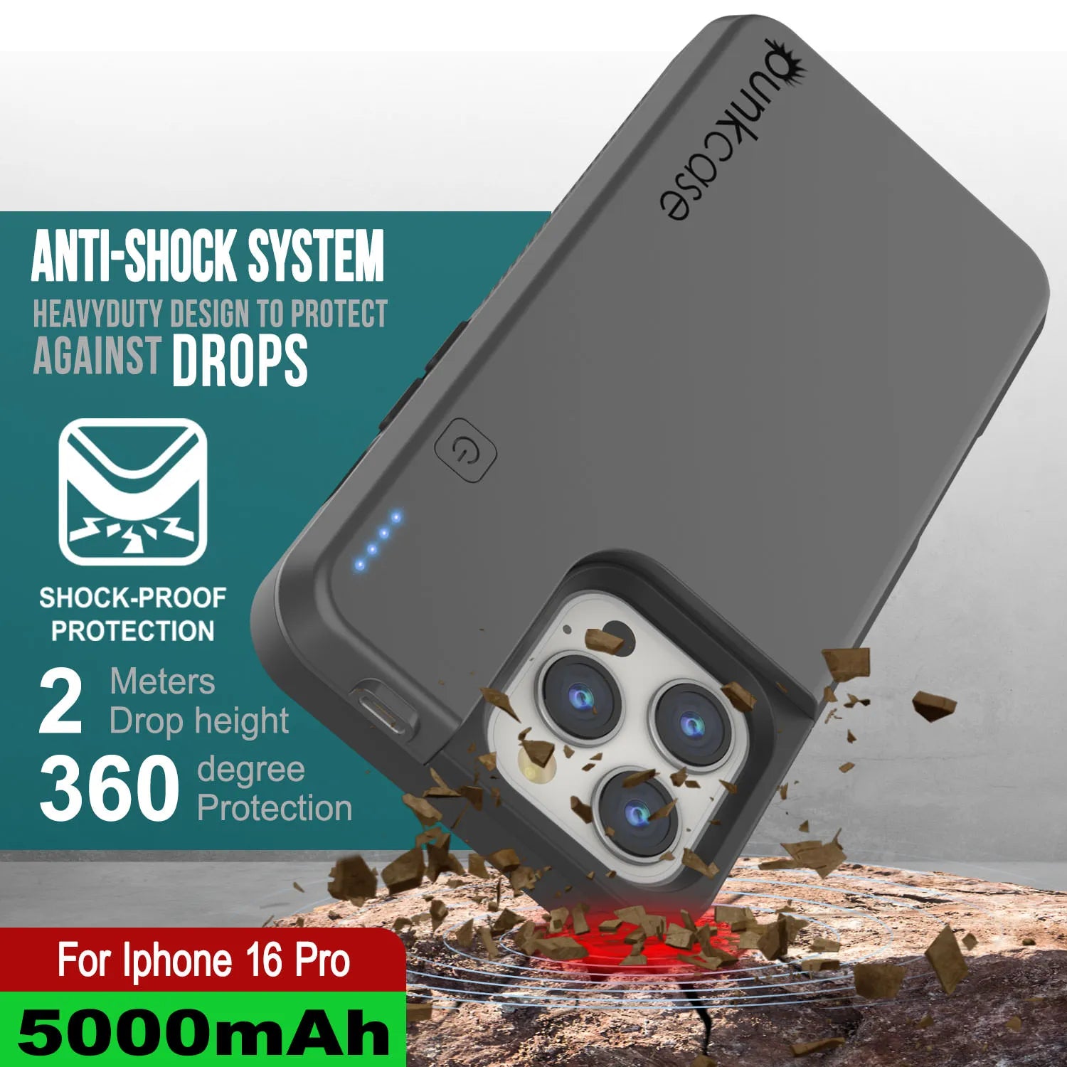 iPhone 16 Pro Battery Case, PunkJuice 5000mAH Fast Charging MagSafe Power Bank W/ Screen Protector | [Grey]