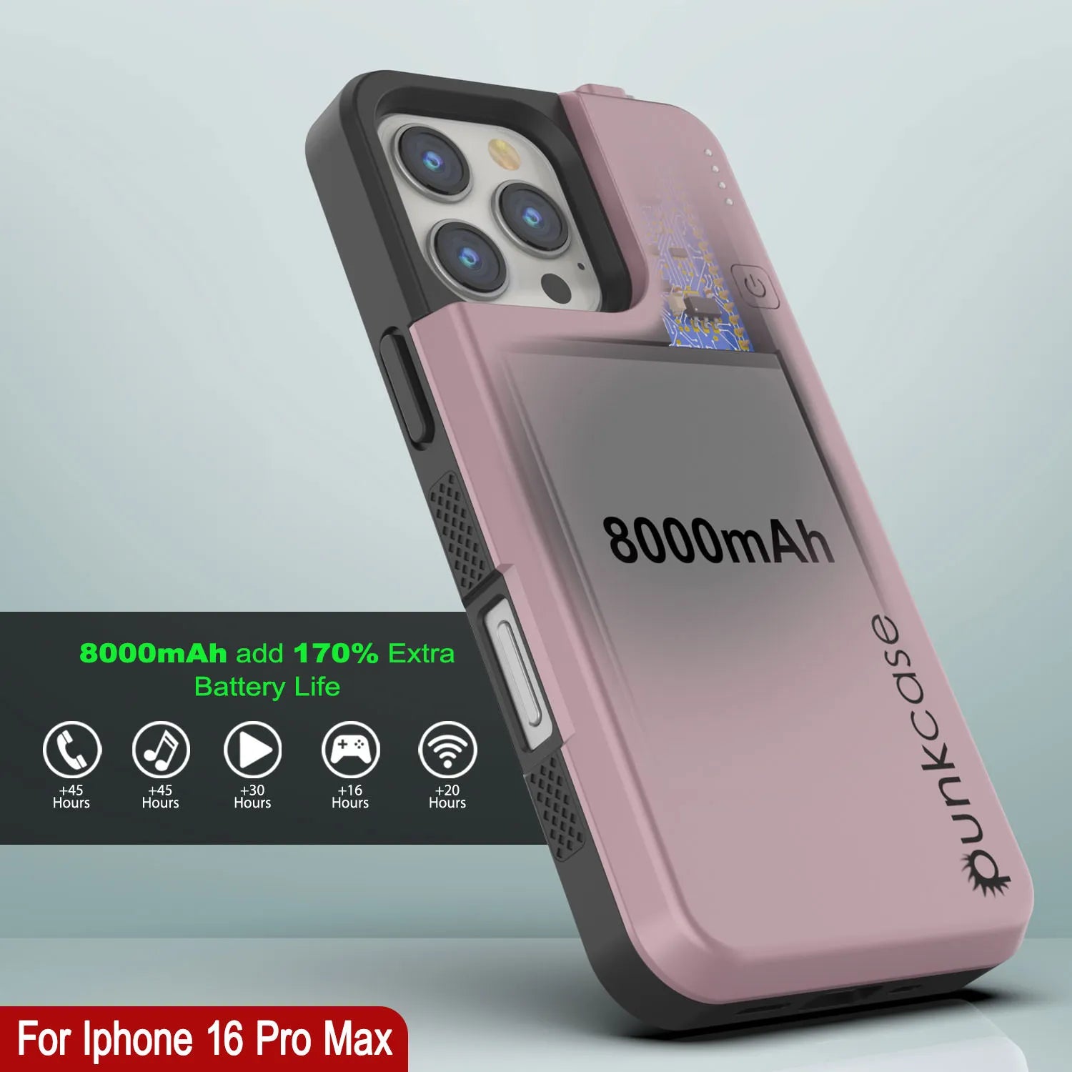 iPhone 16 Pro Max Battery Case, PunkJuice 8000mAH Fast Charging MagSafe Power Bank W/ Screen Protector | [Rose-Gold]