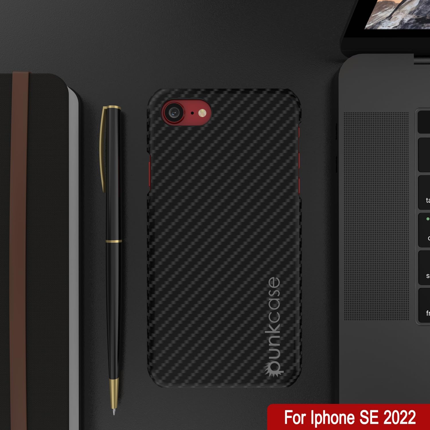 iPhone SE 2022 (4.7") Case, Punkcase CarbonShield Jet Black with 0.3mm Tempered Glass