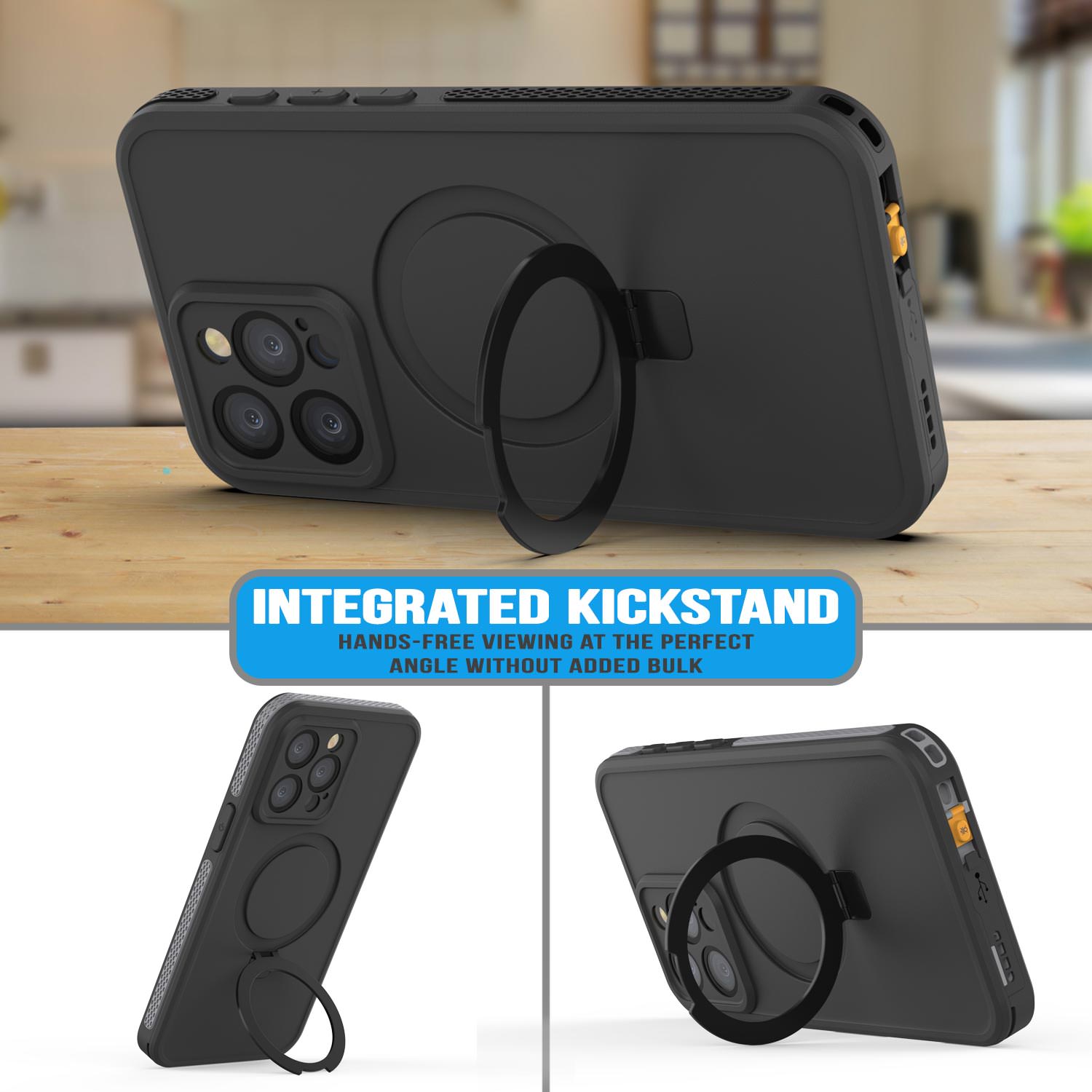 iPhone 15 Pro Max Waterproof Case [Kickstud 2.0 Seriess] Protective IP68 Cover W/Screen Protector & Kickstand (Black)