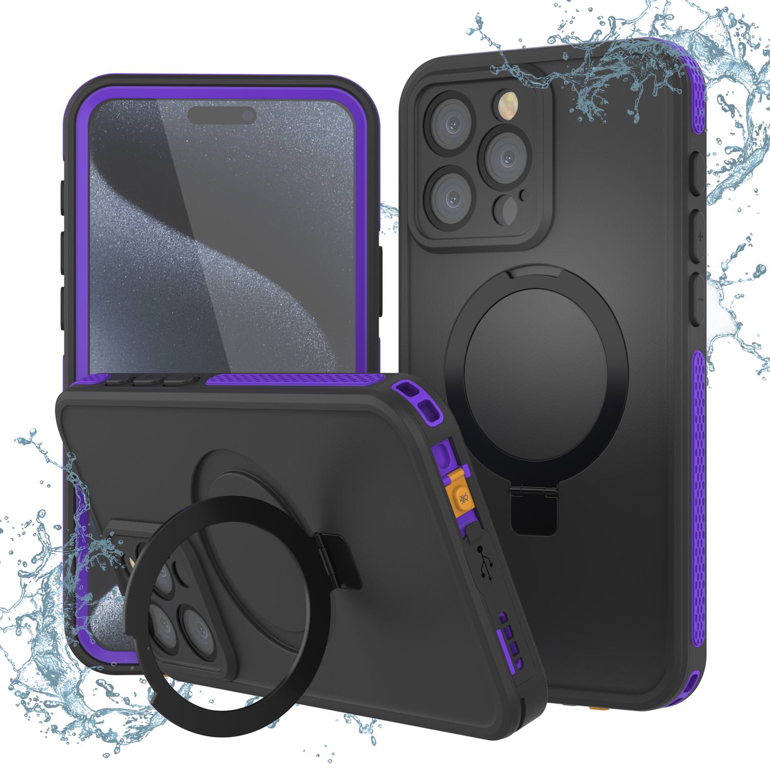 iPhone 15 Pro Max Waterproof Case [Kickstud 2.0 Seriess] Protective IP68 Cover W/Screen Protector & Kickstand [Purple]