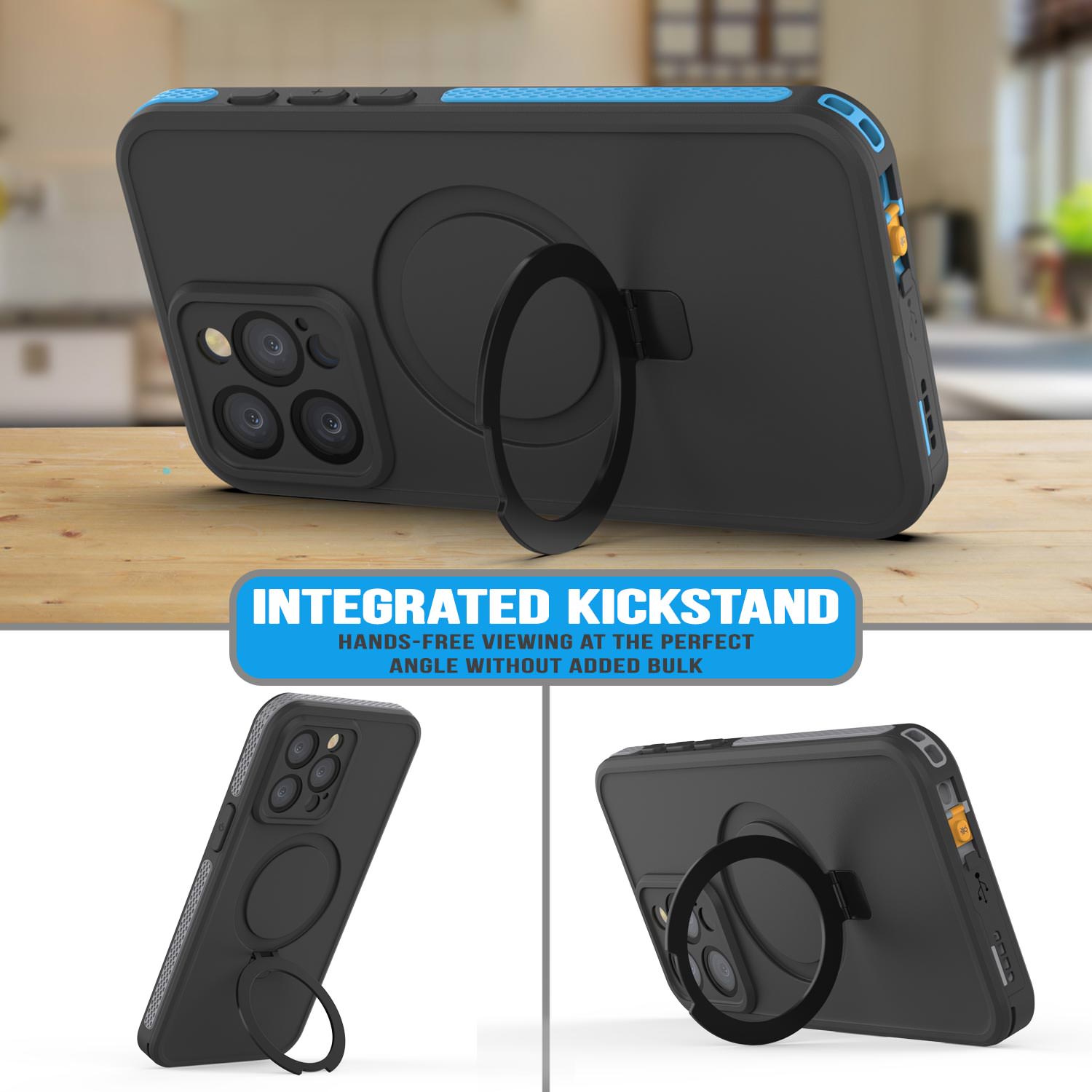 iPhone 15 Pro Max Waterproof Case [Kickstud 2.0 Seriess] Protective IP68 Cover W/Screen Protector & Kickstand [Blue]