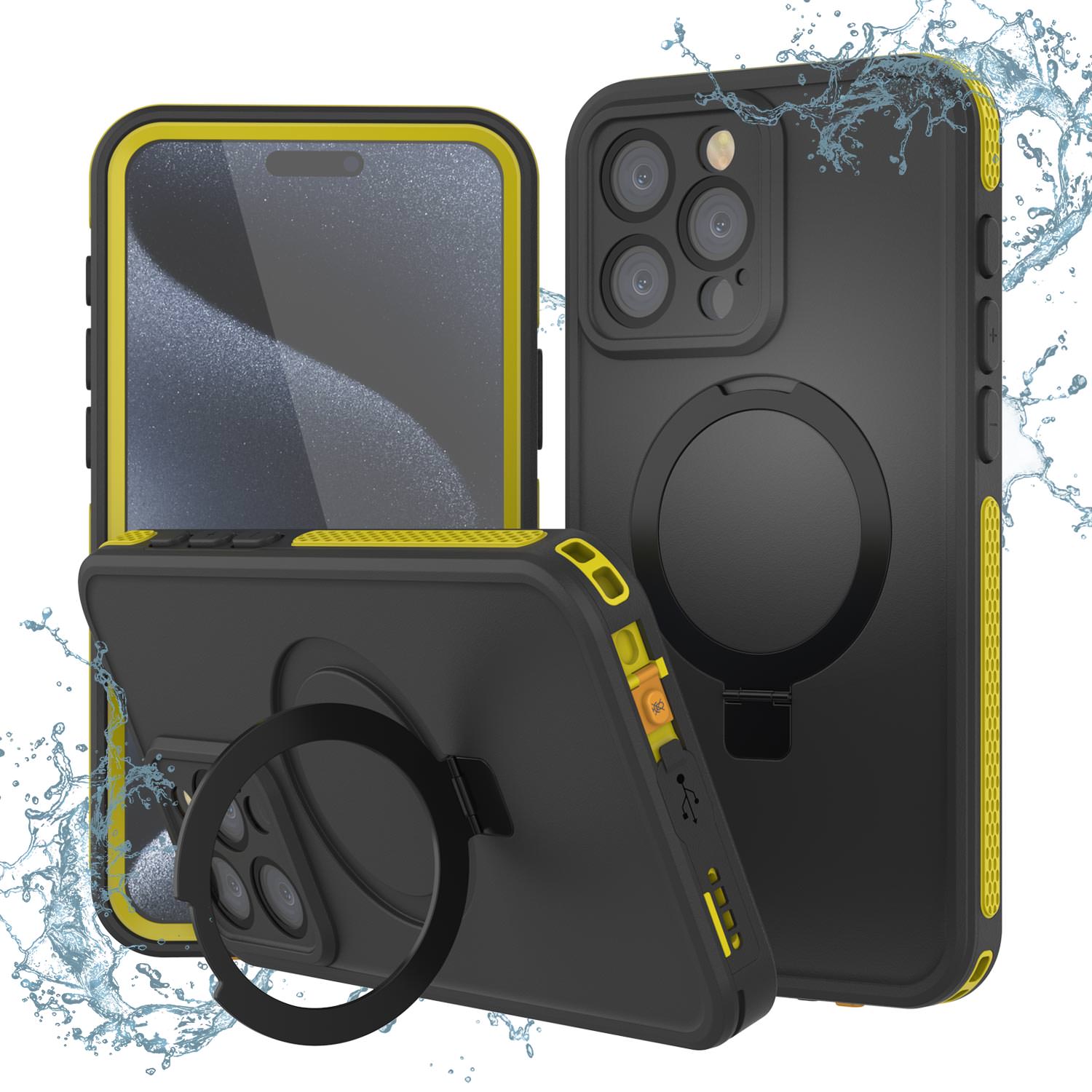 iPhone 15 Pro Max Waterproof Case [Kickstud 2.0 Seriess] Protective IP68 Cover W/Screen Protector & Kickstand [Yellow]