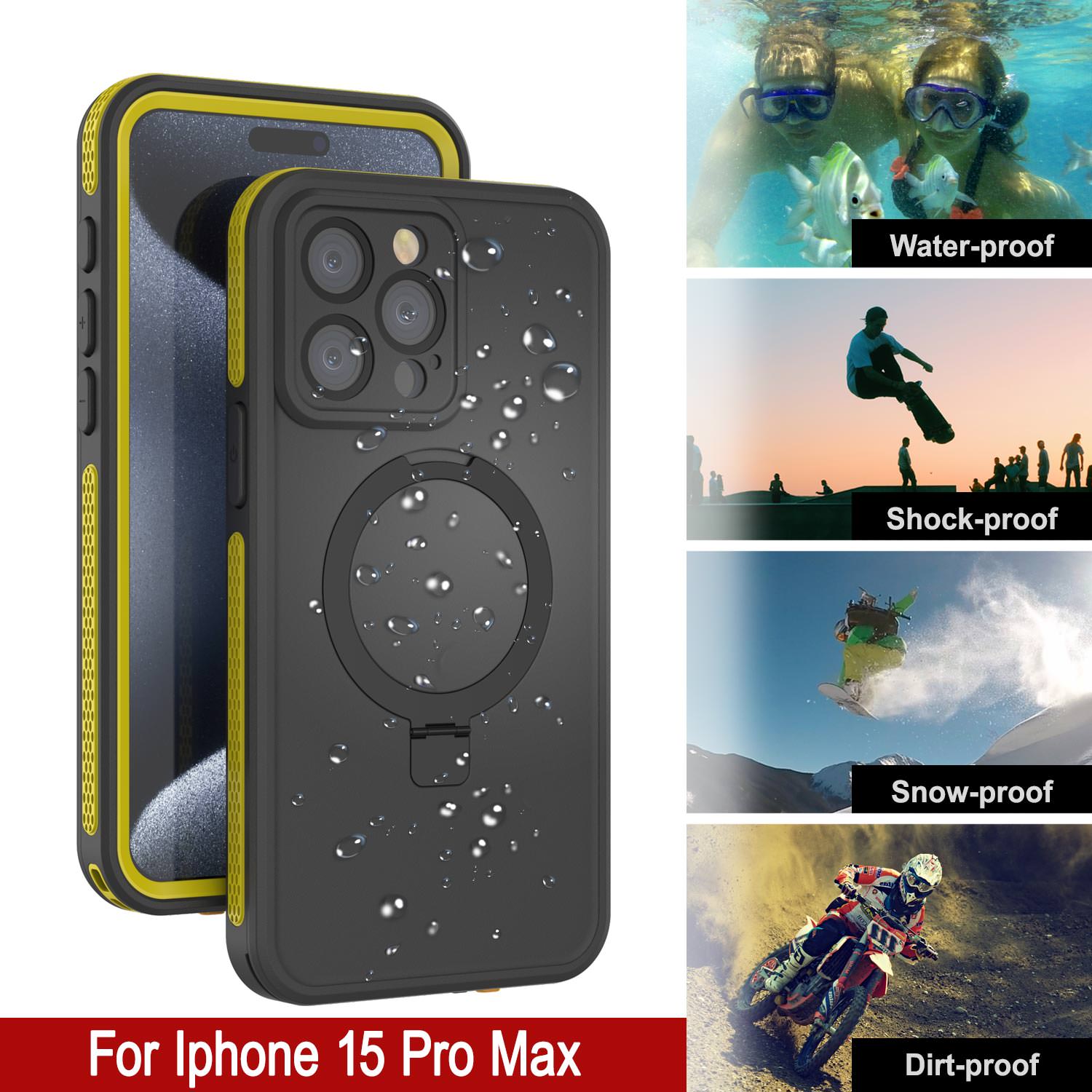 iPhone 15 Pro Max Waterproof Case [Kickstud 2.0 Seriess] Protective IP68 Cover W/Screen Protector & Kickstand [Yellow]