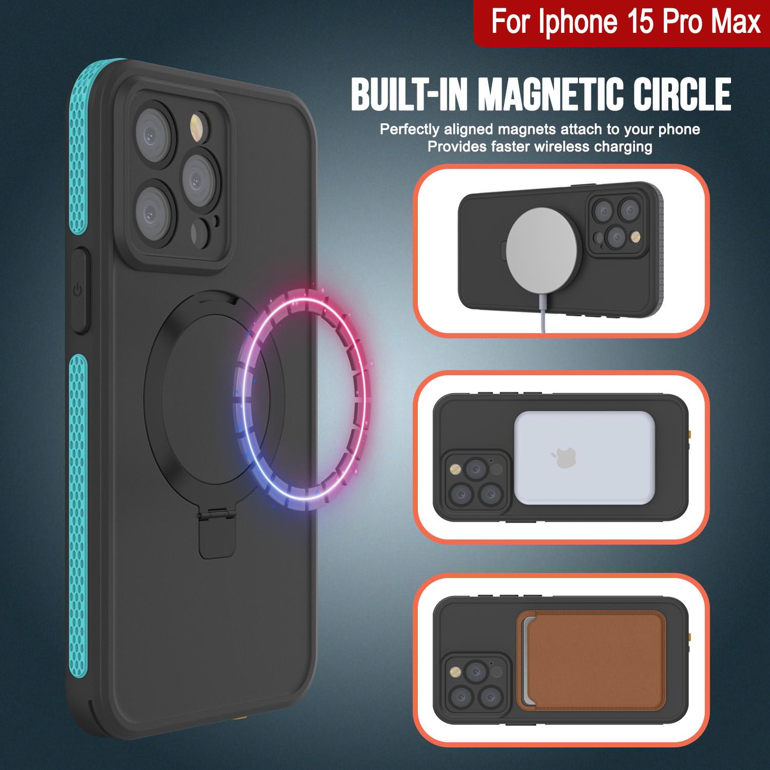 iPhone 15 Pro Max Waterproof Case [Kickstud 2.0 Seriess] Protective IP68 Cover W/Screen Protector & Kickstand [Teal]