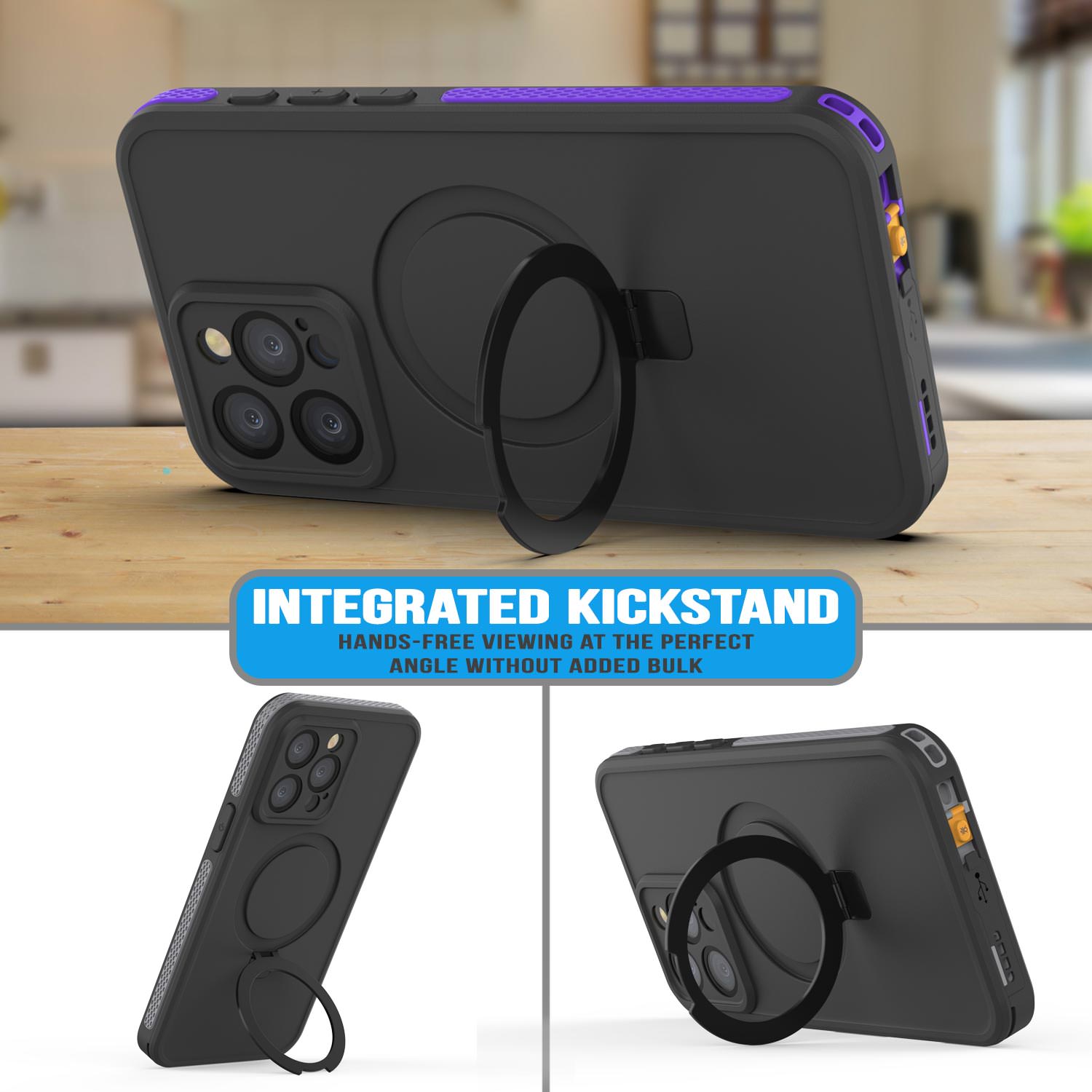 iPhone 15 Pro Max Waterproof Case [Kickstud 2.0 Seriess] Protective IP68 Cover W/Screen Protector & Kickstand [Purple]