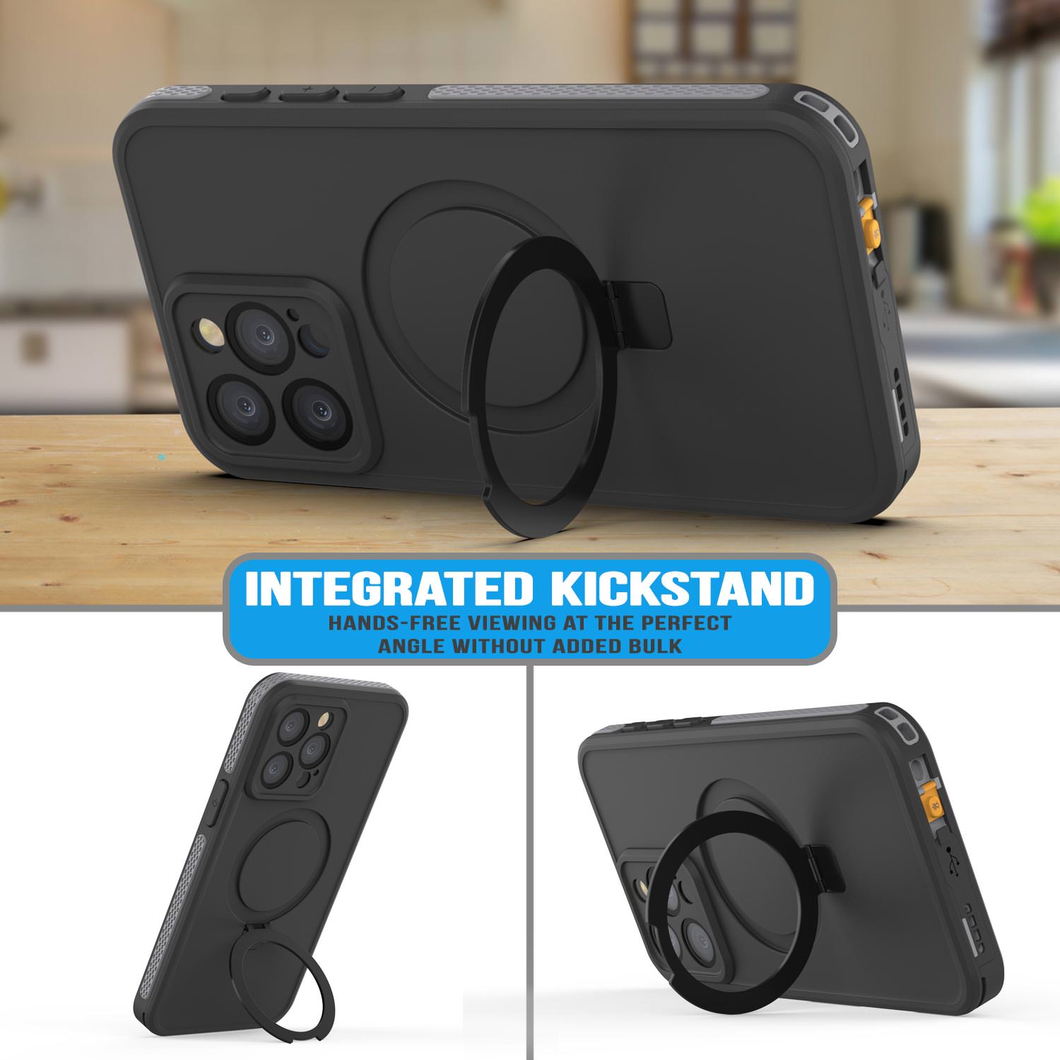 iPhone 15 Pro Max Waterproof Case [Kickstud 2.0 Seriess] Protective IP68 Cover W/Screen Protector & Kickstand [Grey]