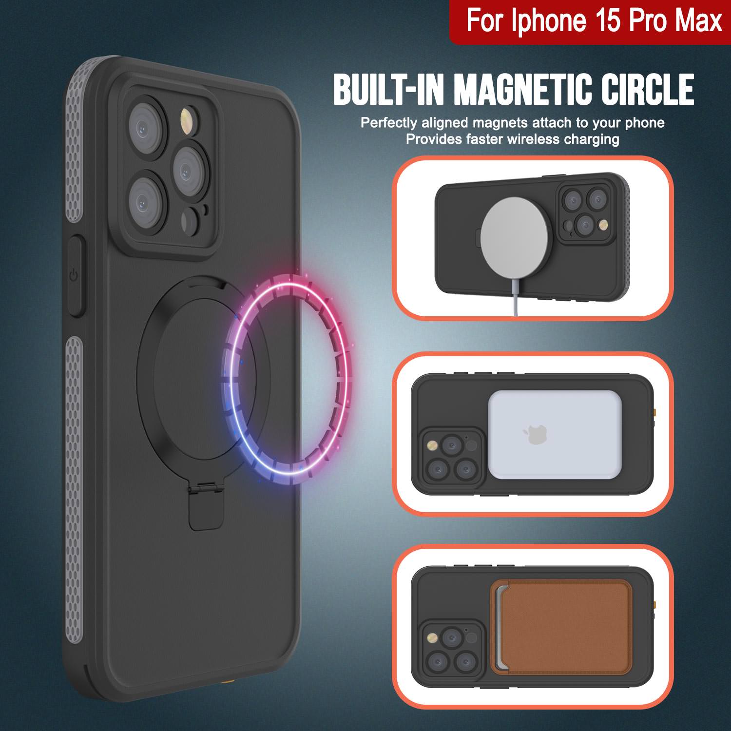 iPhone 15 Pro Max Waterproof Case [Kickstud 2.0 Seriess] Protective IP68 Cover W/Screen Protector & Kickstand [Grey]