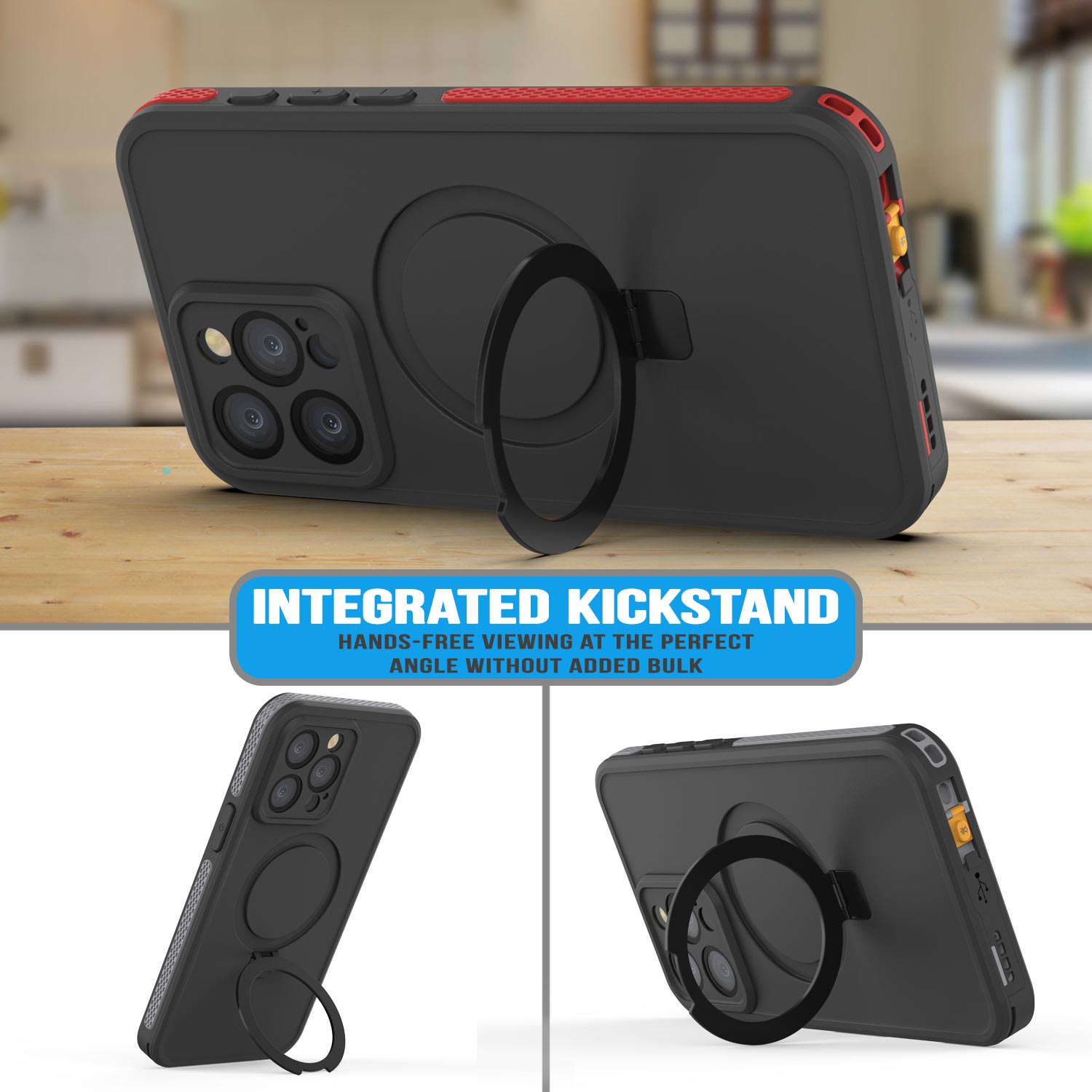 iPhone 15 Pro Max Waterproof Case [Kickstud 2.0 Seriess] Protective IP68 Cover W/Screen Protector & Kickstand [Red]