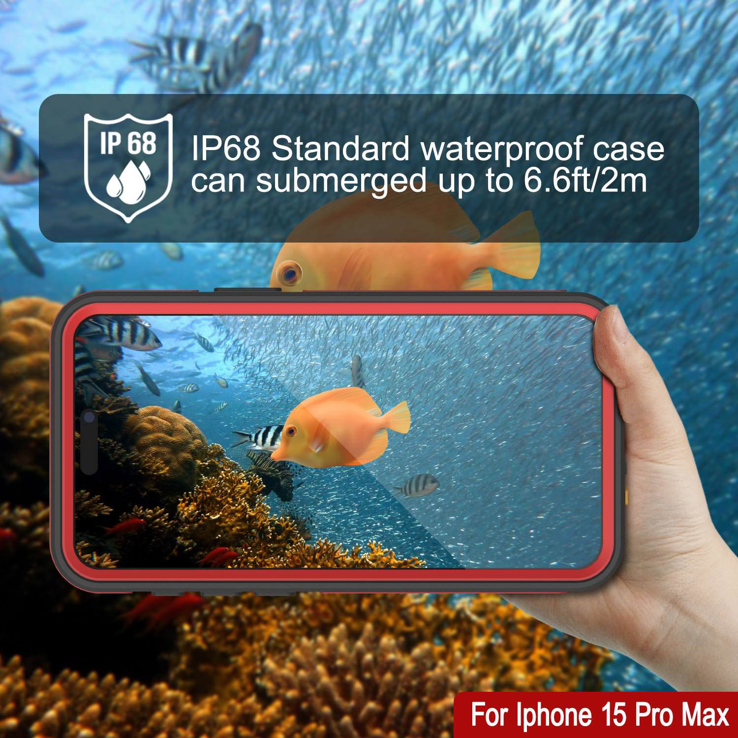 iPhone 15 Pro Max Waterproof Case [Kickstud 2.0 Seriess] Protective IP68 Cover W/Screen Protector & Kickstand [Red]