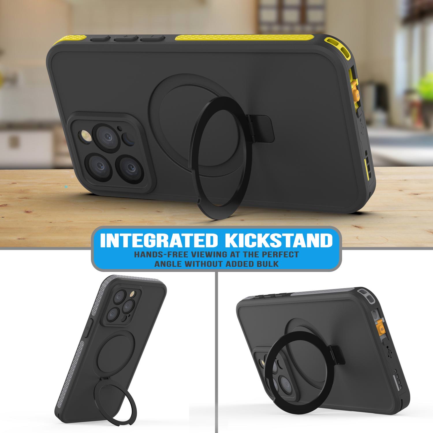 iPhone 15 Pro Max Waterproof Case [Kickstud 2.0 Seriess] Protective IP68 Cover W/Screen Protector & Kickstand [Yellow]