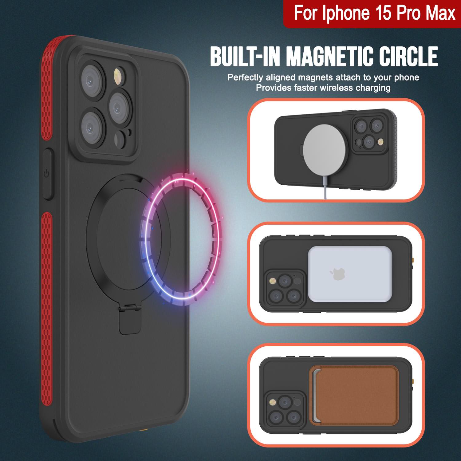 iPhone 15 Pro Max Waterproof Case [Kickstud 2.0 Seriess] Protective IP68 Cover W/Screen Protector & Kickstand [Red]