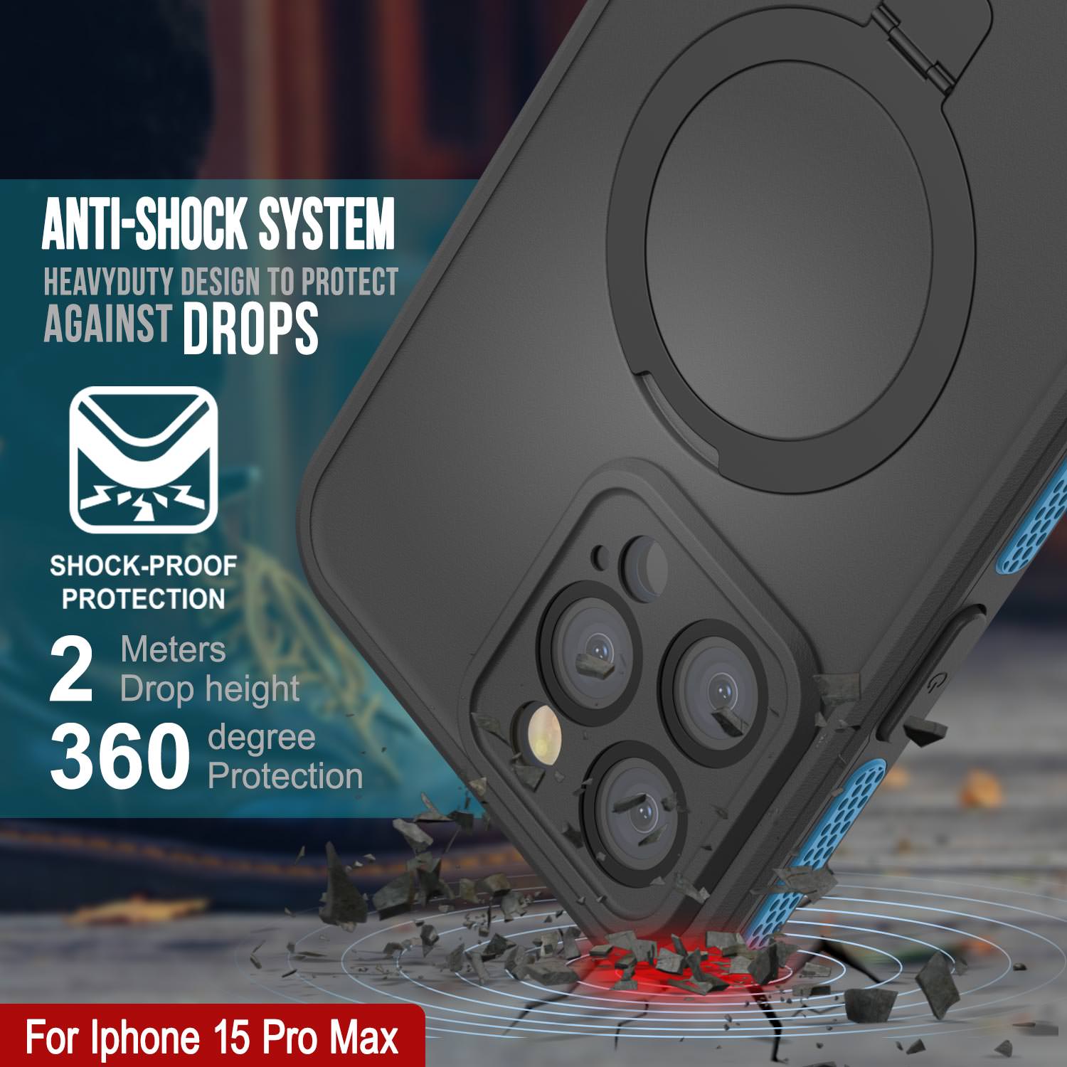 iPhone 15 Pro Max Waterproof Case [Kickstud 2.0 Seriess] Protective IP68 Cover W/Screen Protector & Kickstand [Blue]