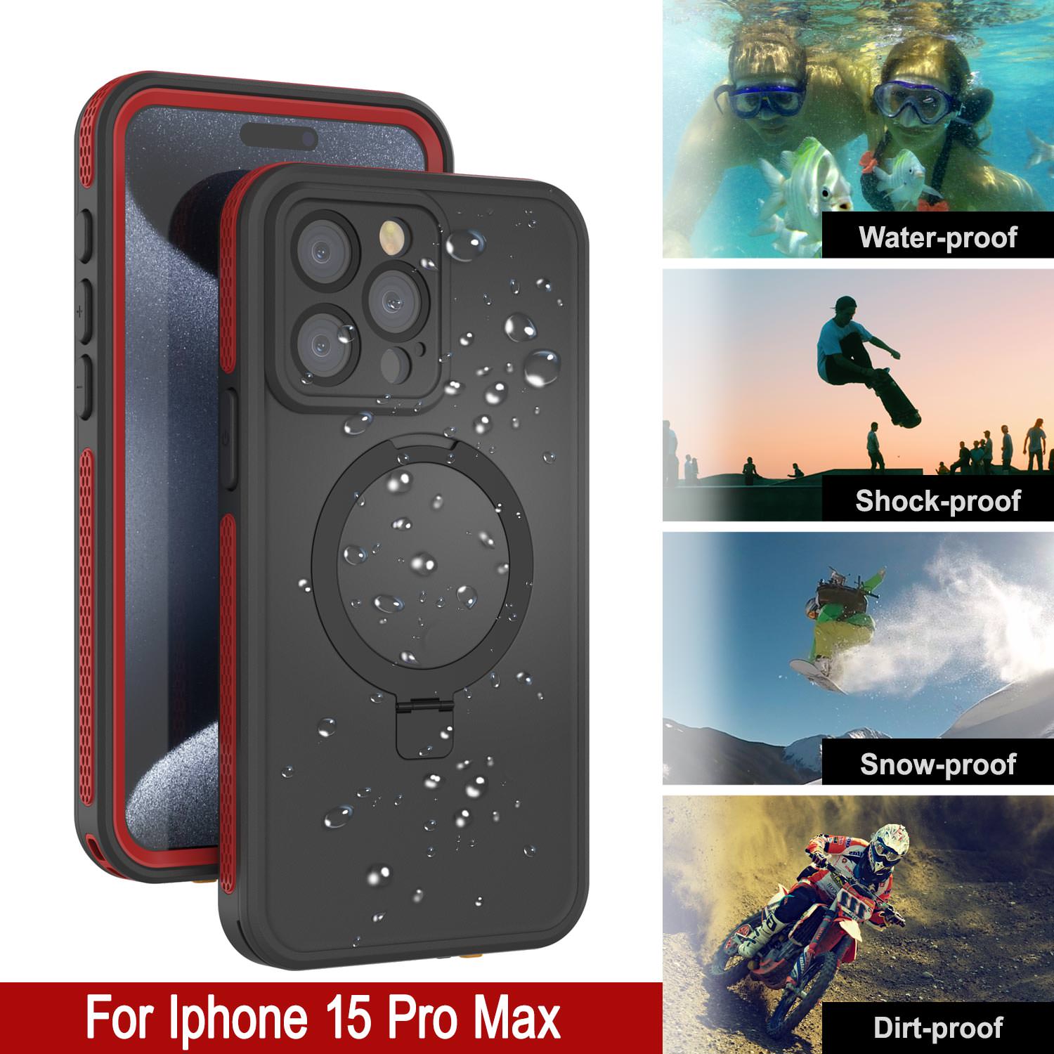 iPhone 15 Pro Max Waterproof Case [Kickstud 2.0 Seriess] Protective IP68 Cover W/Screen Protector & Kickstand [Red]