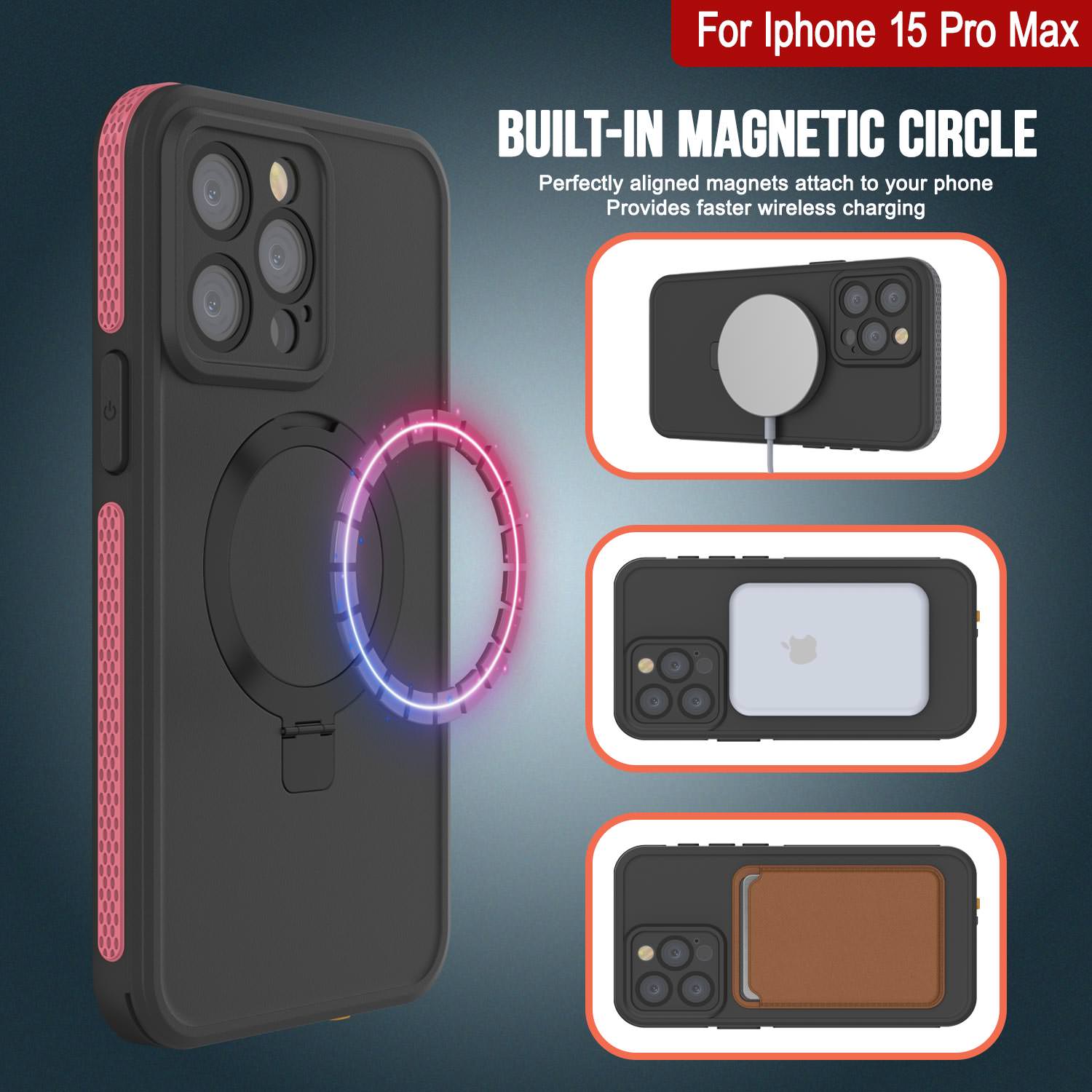 iPhone 15 Pro Max Waterproof Case [Kickstud 2.0 Seriess] Protective IP68 Cover W/Screen Protector & Kickstand [Pink]