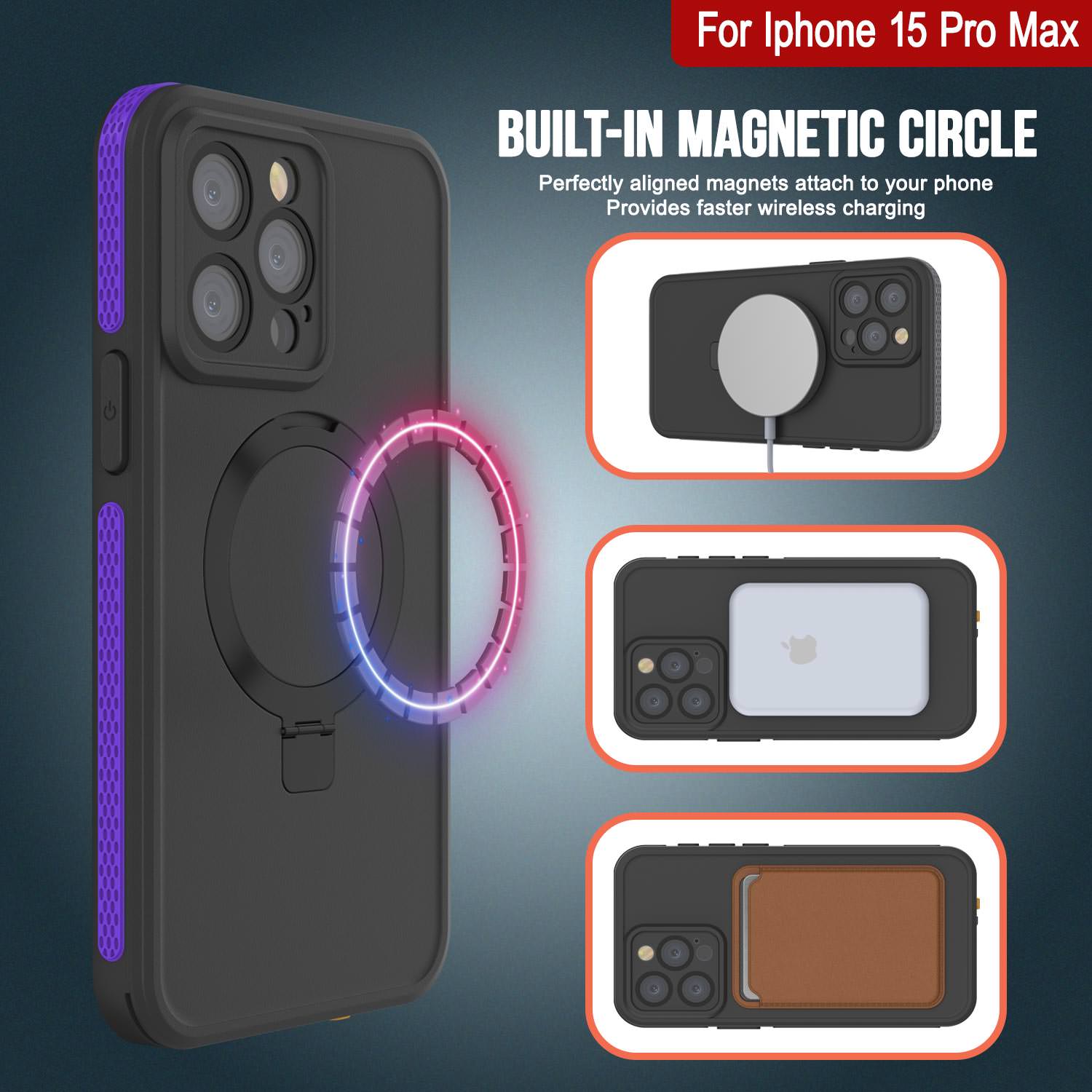 iPhone 15 Pro Max Waterproof Case [Kickstud 2.0 Seriess] Protective IP68 Cover W/Screen Protector & Kickstand [Purple]