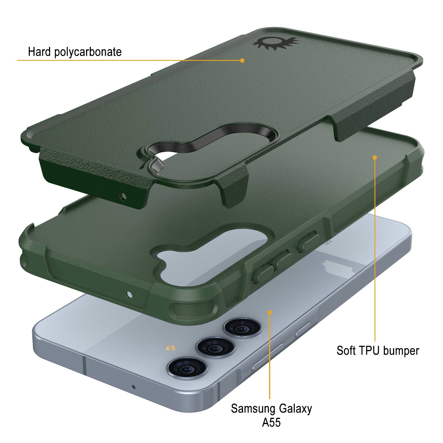 PunkCase Galaxy A55 Case, [Spartan 2.0 Series] Clear Rugged Heavy Duty Cover [Dark Green]