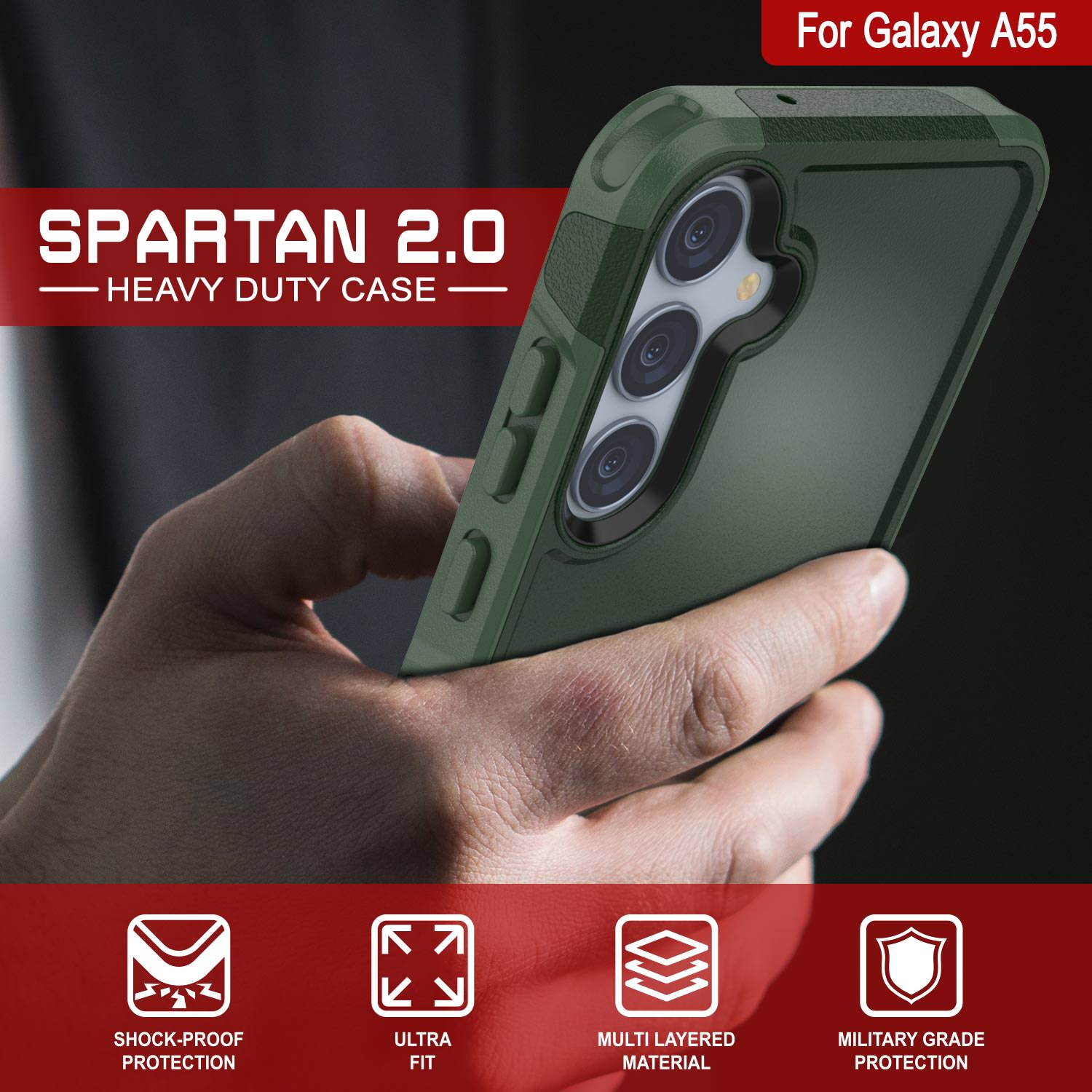 PunkCase Galaxy A55 Case, [Spartan 2.0 Series] Clear Rugged Heavy Duty Cover [Dark Green]