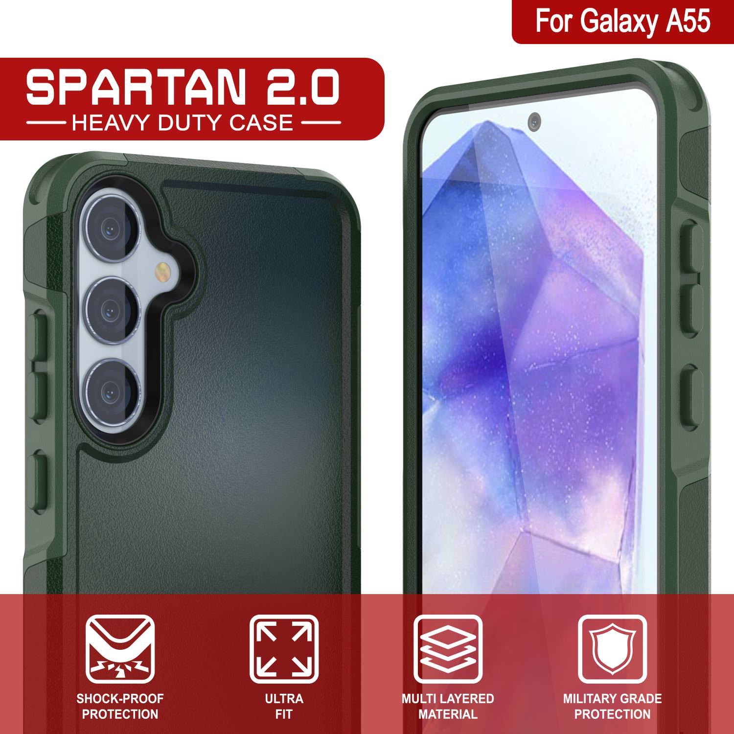 PunkCase Galaxy A55 Case, [Spartan 2.0 Series] Clear Rugged Heavy Duty Cover [Dark Green]