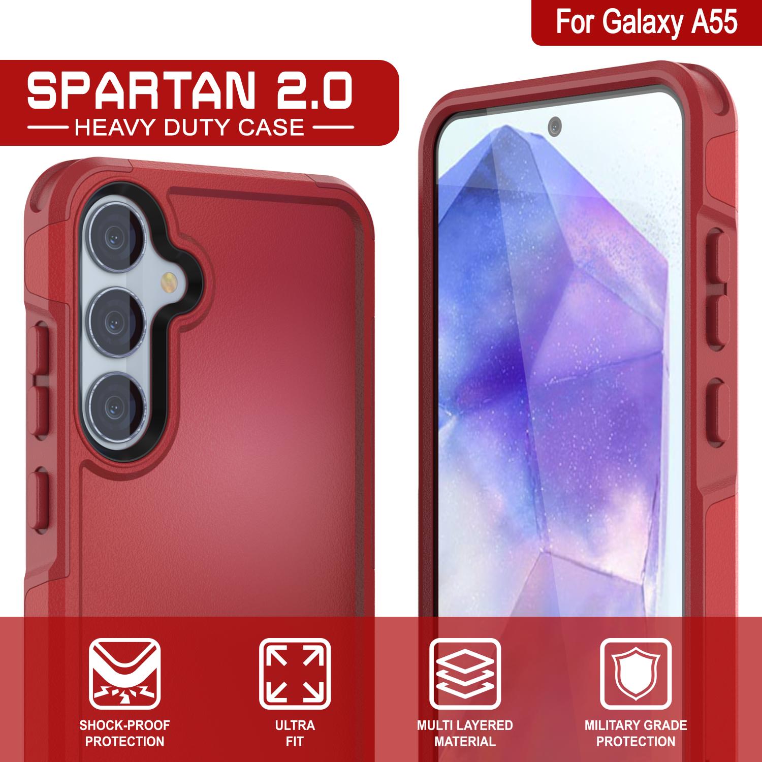 PunkCase Galaxy A55 Case, [Spartan 2.0 Series] Clear Rugged Heavy Duty Cover [Red]