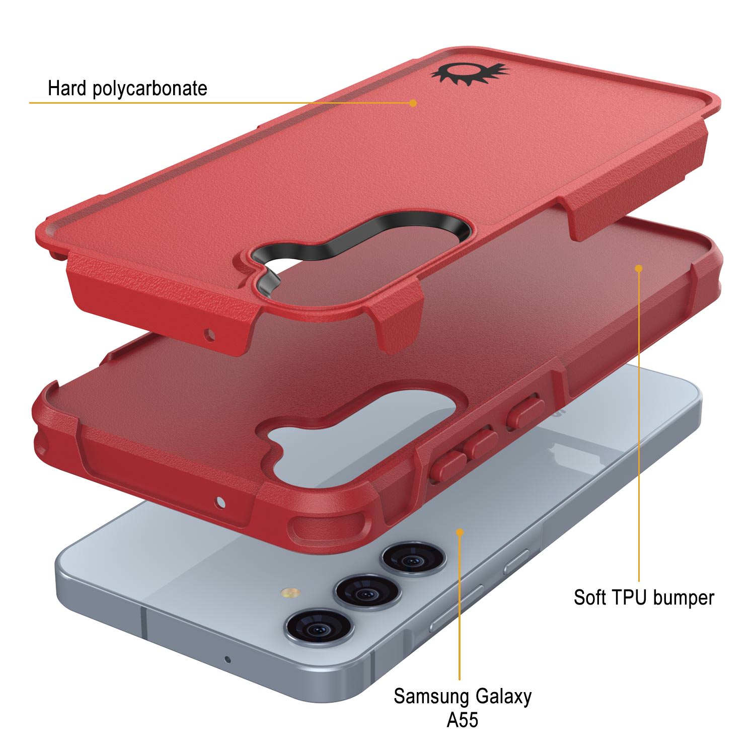 PunkCase Galaxy A55 Case, [Spartan 2.0 Series] Clear Rugged Heavy Duty Cover [Red]