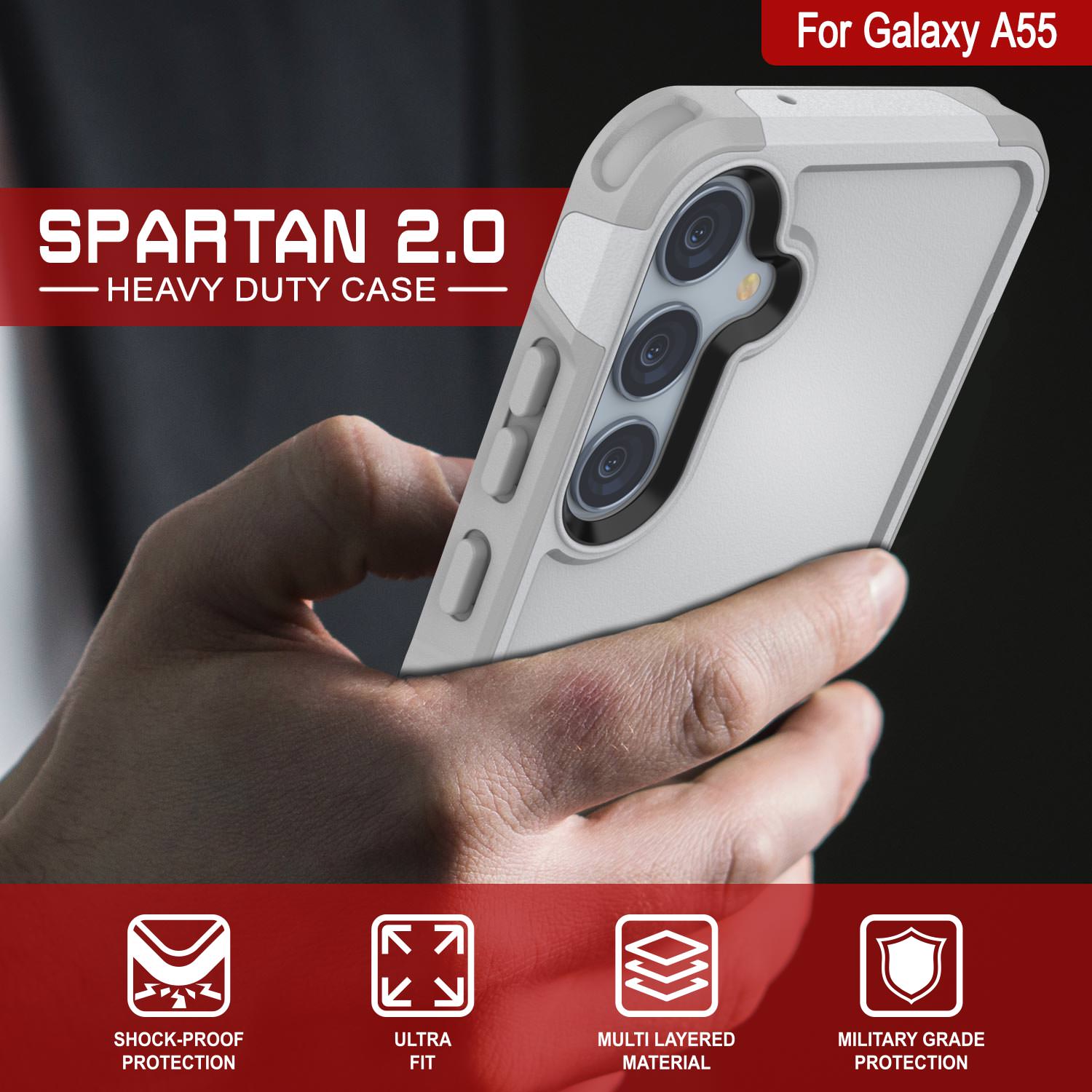 PunkCase Galaxy A55 Case, [Spartan 2.0 Series] Clear Rugged Heavy Duty Cover [White]