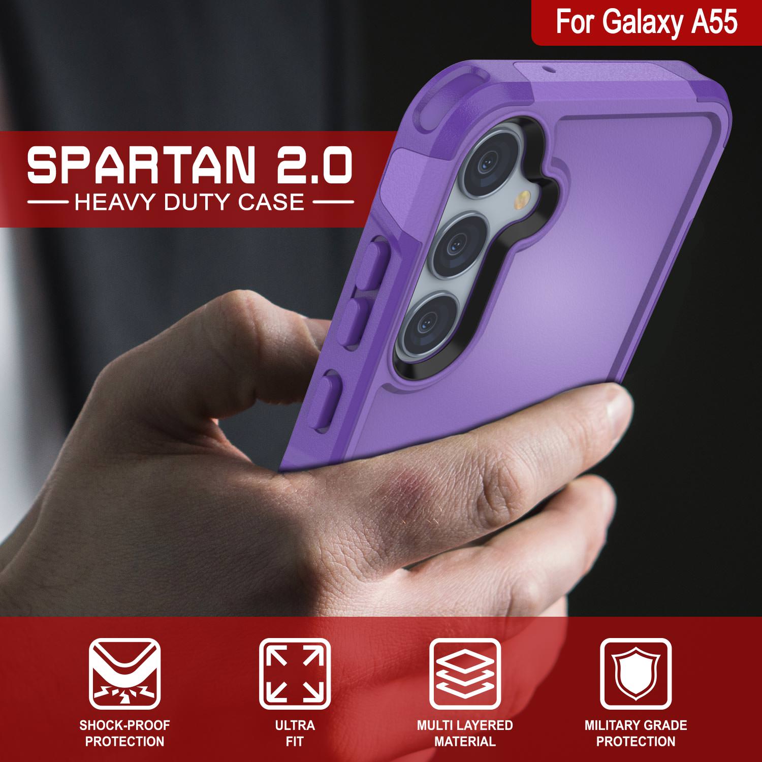 PunkCase Galaxy A55 Case, [Spartan 2.0 Series] Clear Rugged Heavy Duty Cover [Purple]