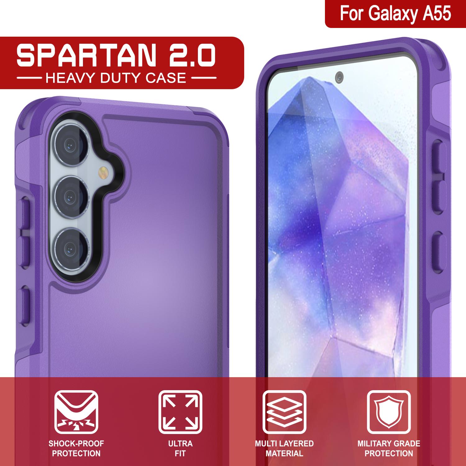 PunkCase Galaxy A55 Case, [Spartan 2.0 Series] Clear Rugged Heavy Duty Cover [Purple]