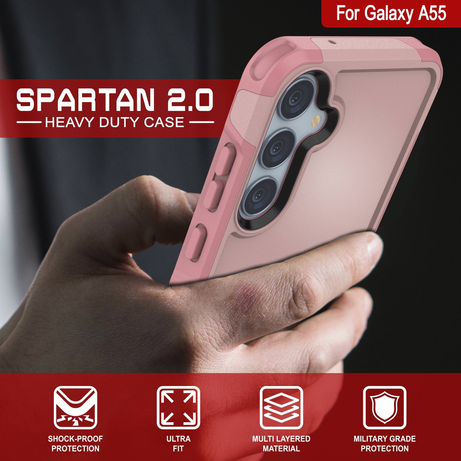 PunkCase Galaxy A55 Case, [Spartan 2.0 Series] Clear Rugged Heavy Duty Cover [Pink]