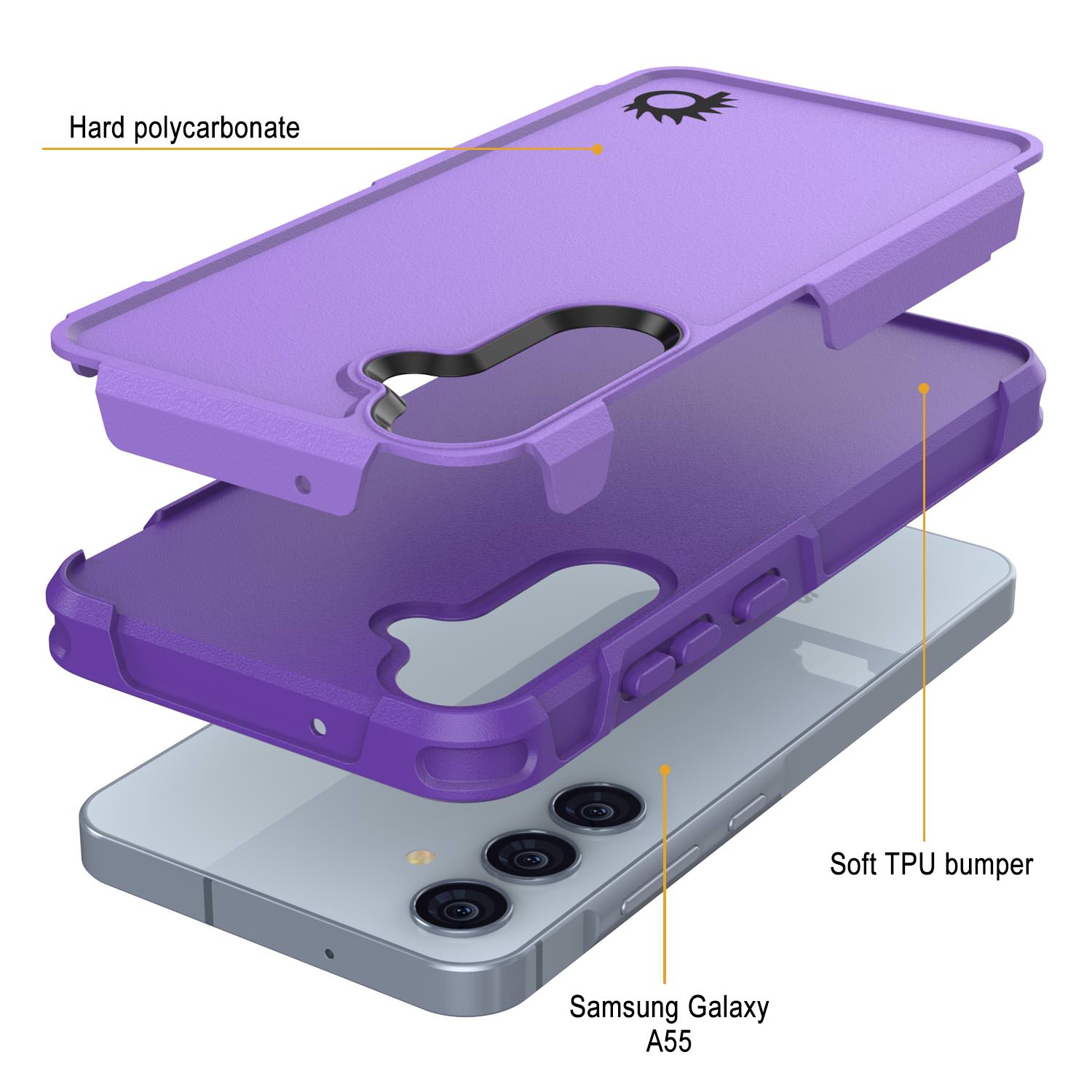 PunkCase Galaxy A55 Case, [Spartan 2.0 Series] Clear Rugged Heavy Duty Cover [Purple]