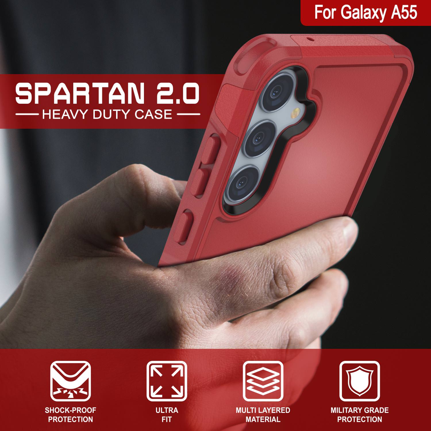 PunkCase Galaxy A55 Case, [Spartan 2.0 Series] Clear Rugged Heavy Duty Cover [Red]