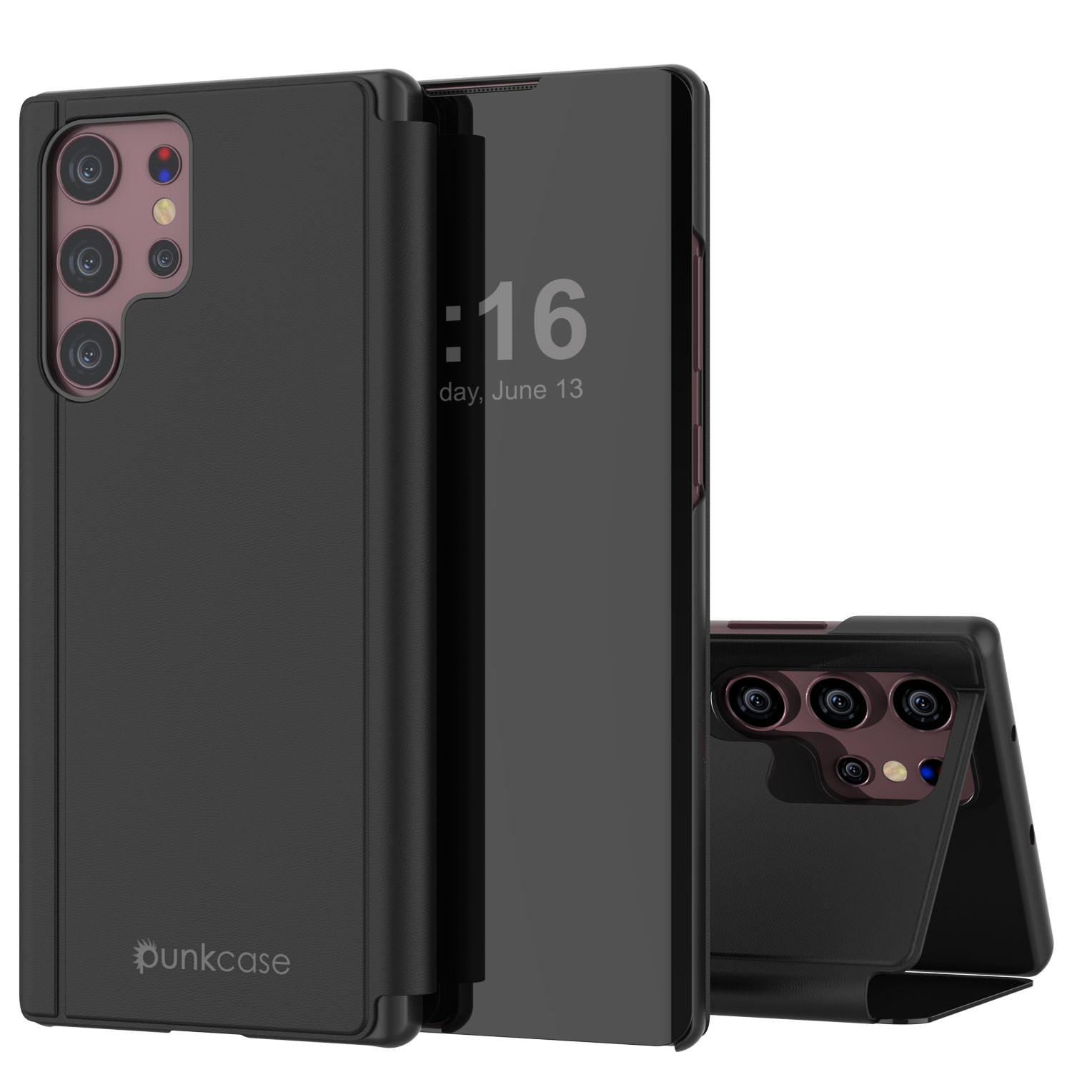 Punkcase Galaxy S22 Ultra Reflector Case Protective Flip Cover [Black]