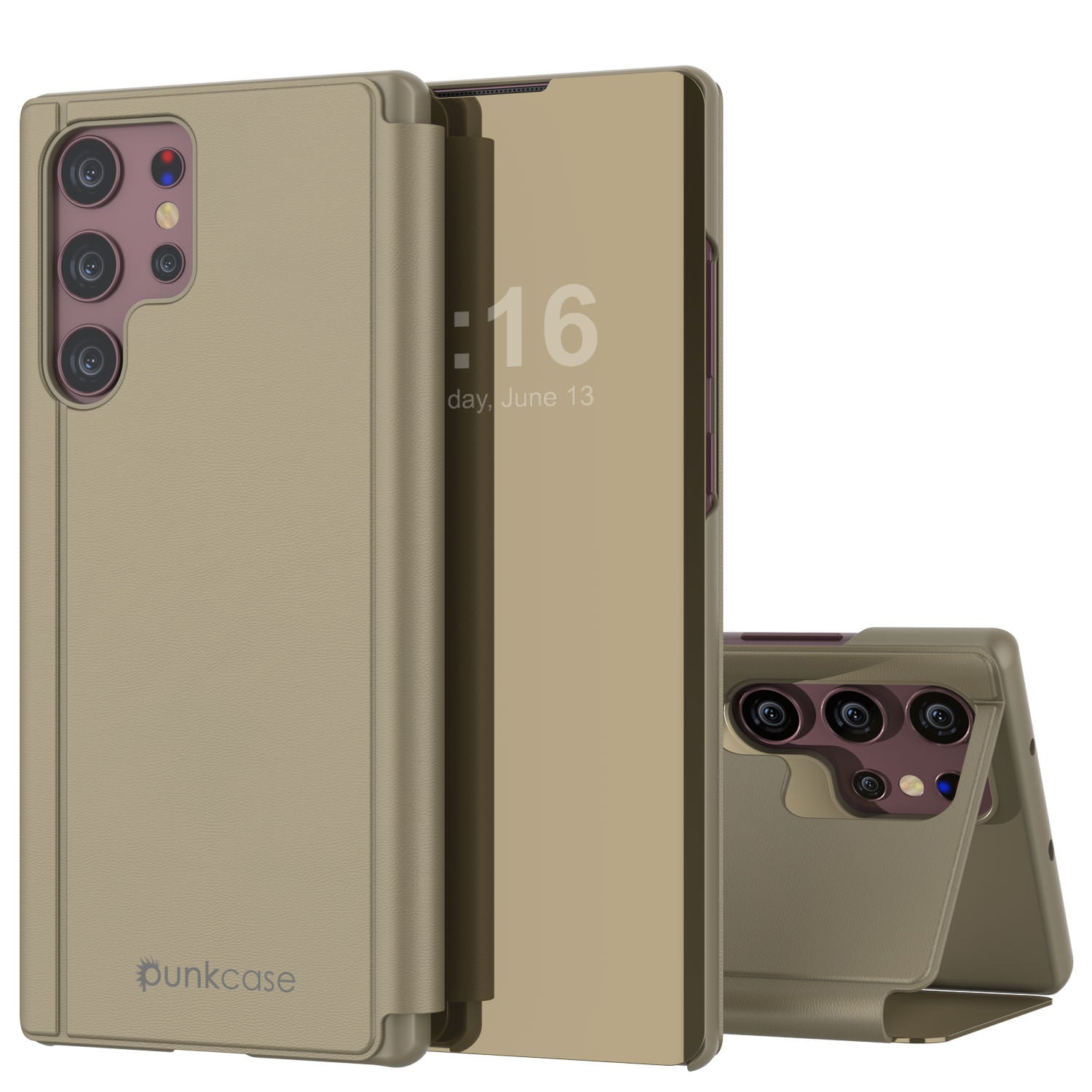 Punkcase Galaxy S22 Ultra Reflector Case Protective Flip Cover [Gold]
