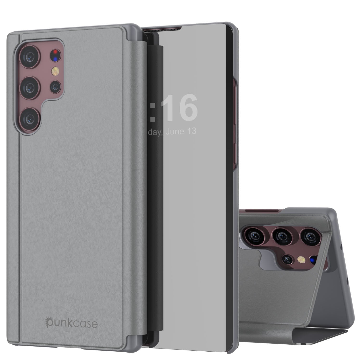 Punkcase Galaxy S22 Ultra Reflector Case Protective Flip Cover [Silver]