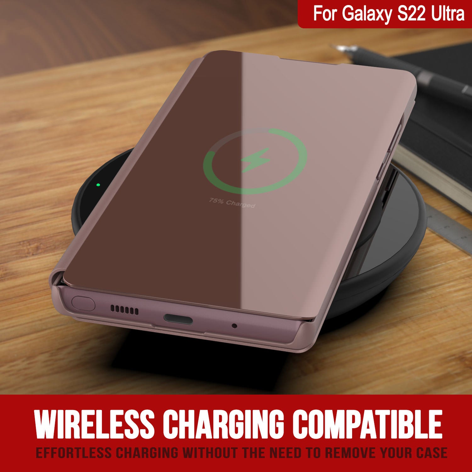 Punkcase Galaxy S22 Ultra Reflector Case Protective Flip Cover [Rose]