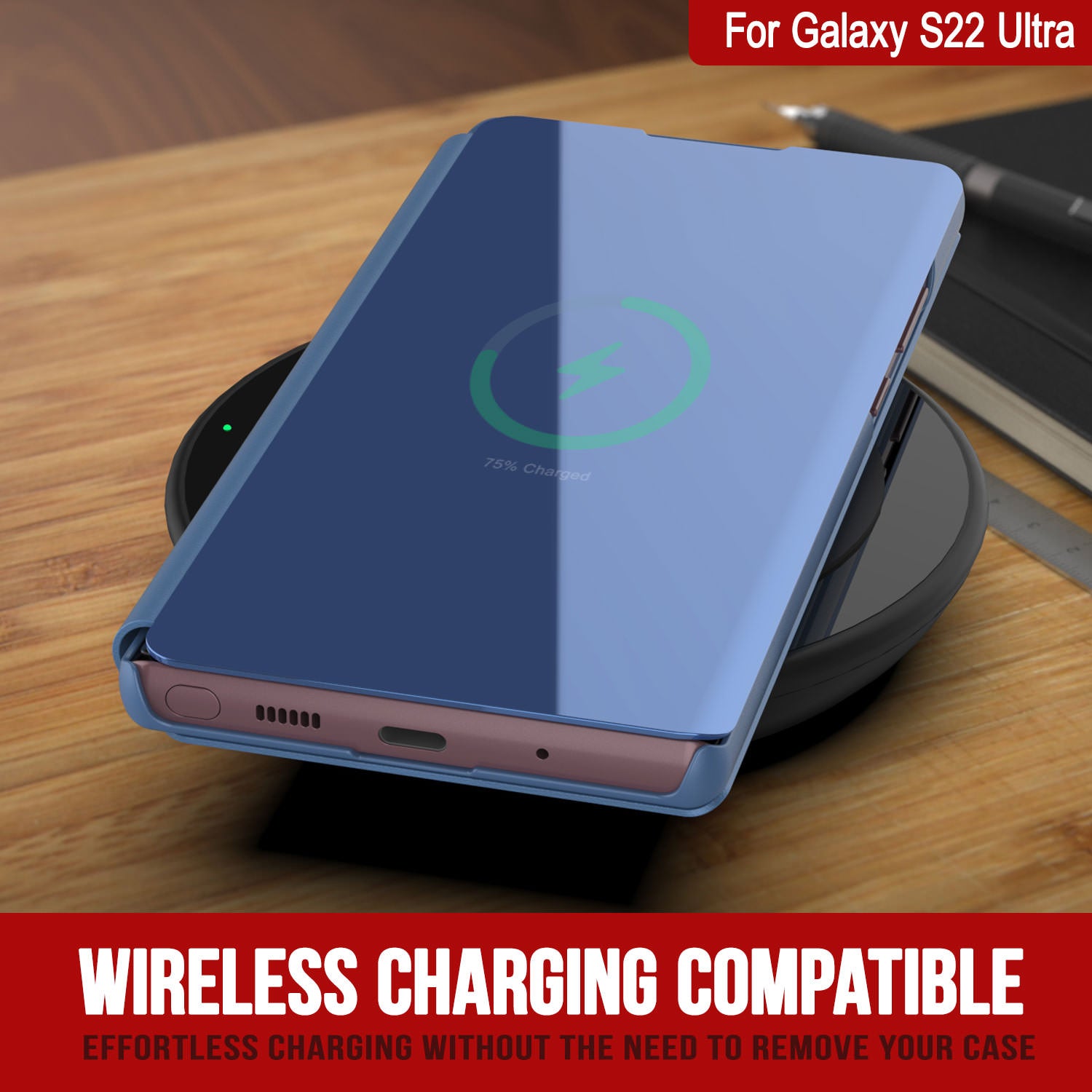 Punkcase Galaxy S22 Ultra Reflector Case Protective Flip Cover [Blue]