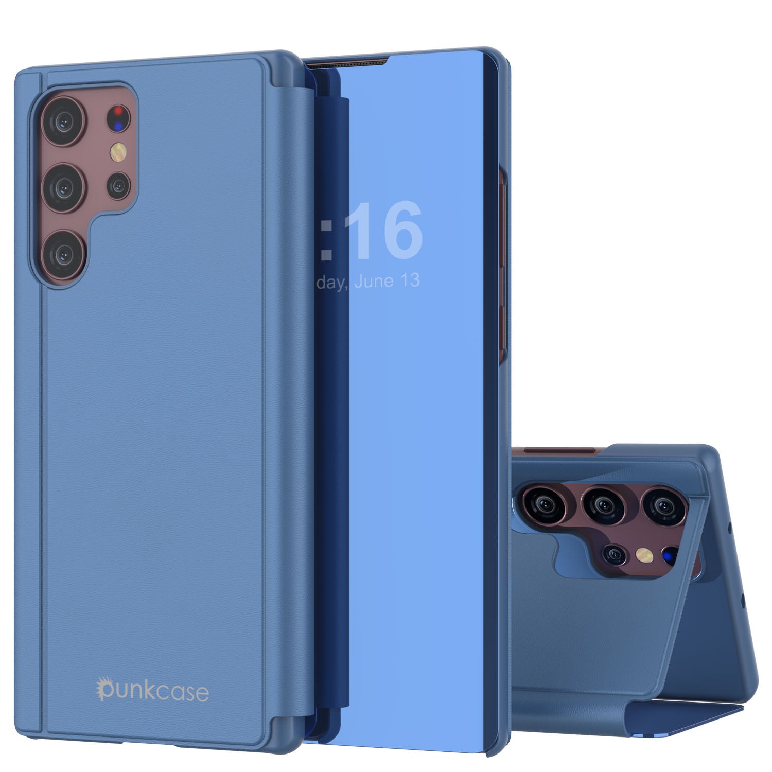 Punkcase Galaxy S22 Ultra Reflector Case Protective Flip Cover [Blue]