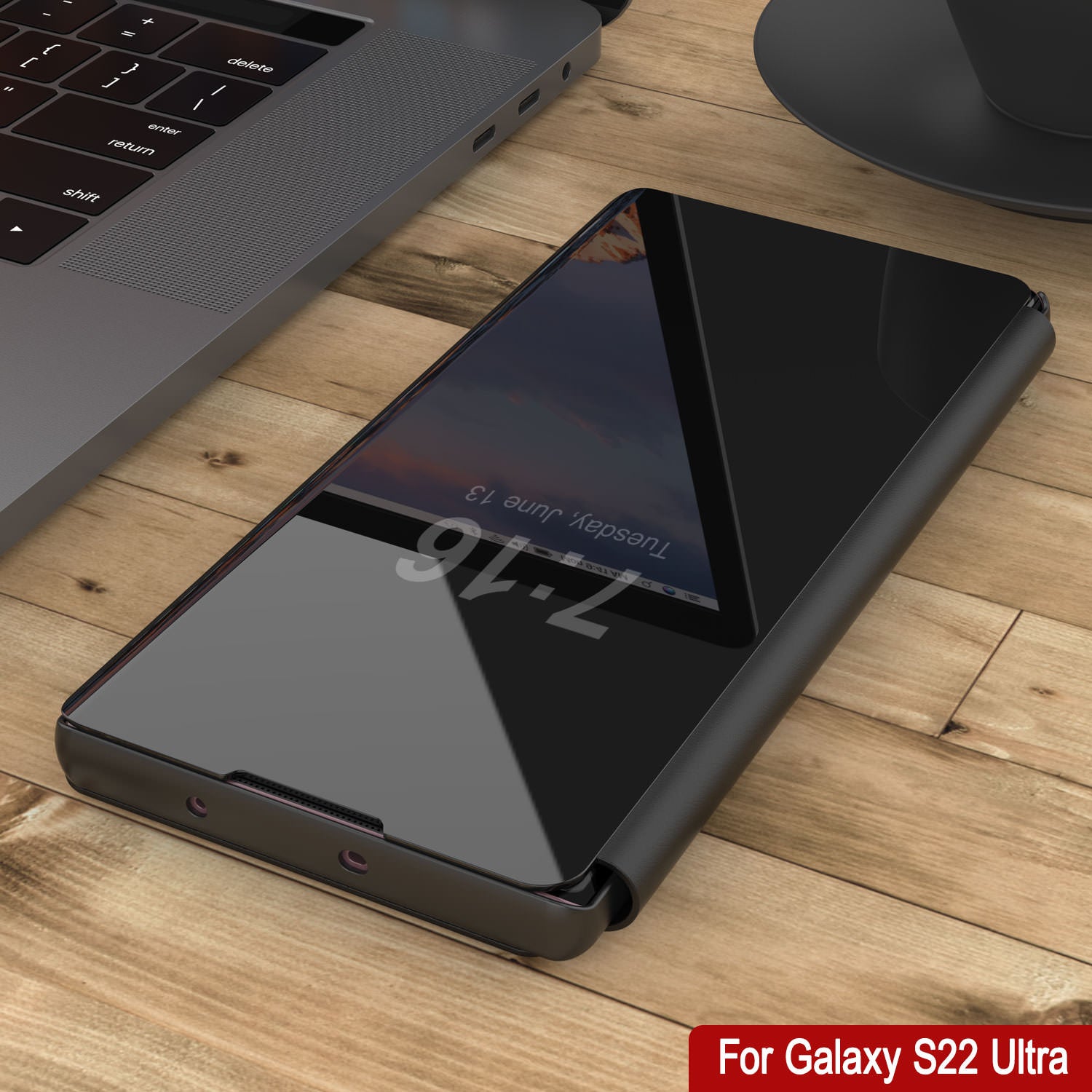 Punkcase Galaxy S22 Ultra Reflector Case Protective Flip Cover [Black]