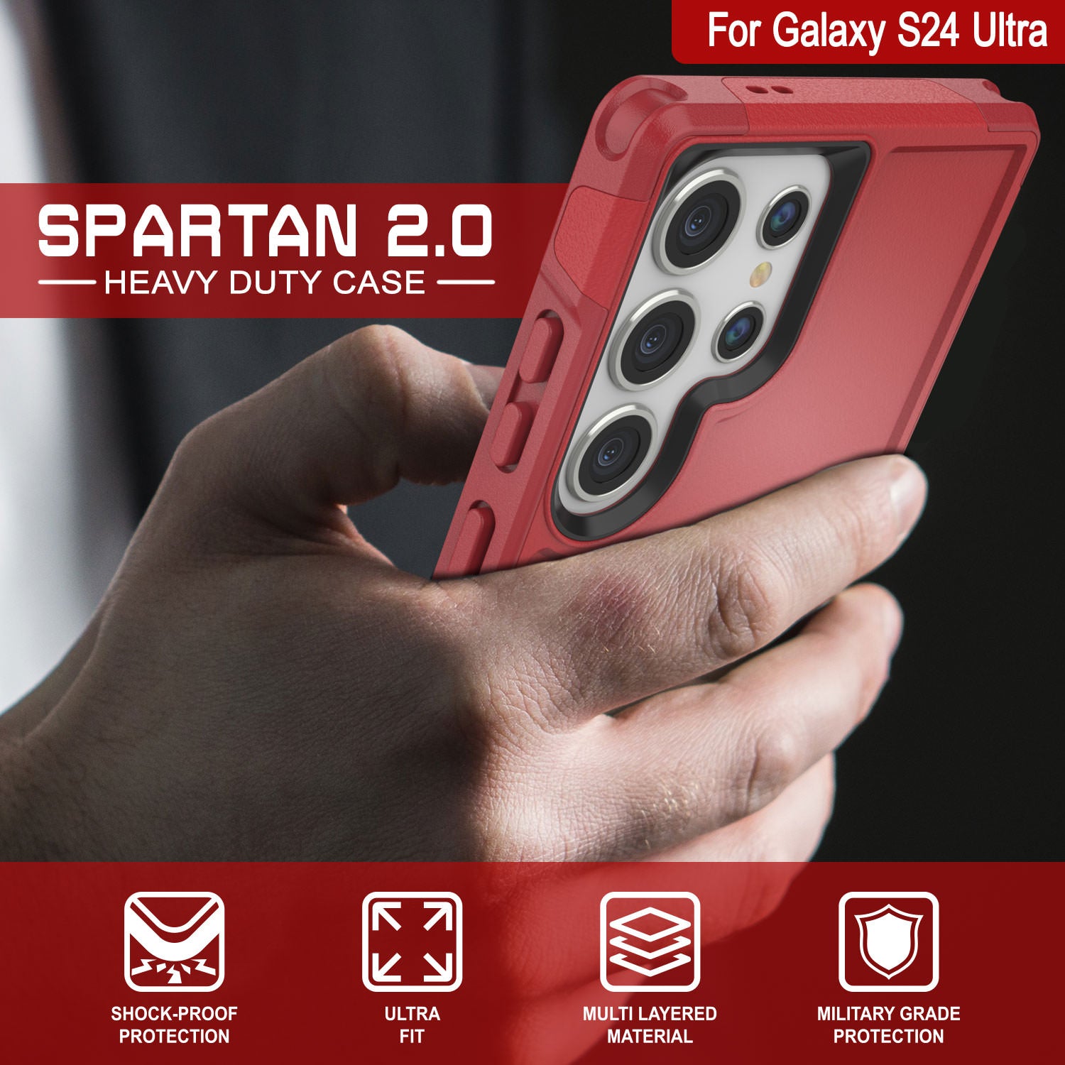 PunkCase Galaxy S24 Ultra Case, [Spartan 2.0 Series] Clear Rugged Heavy Duty Cover [Red]