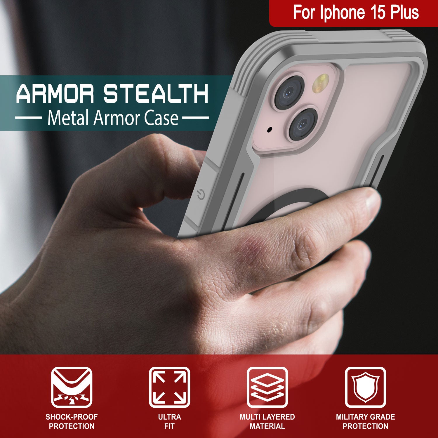 Punkcase iPhone 15 Plus Armor Stealth MAG Defense Case Protective Military Grade Multilayer Cover [Grey]