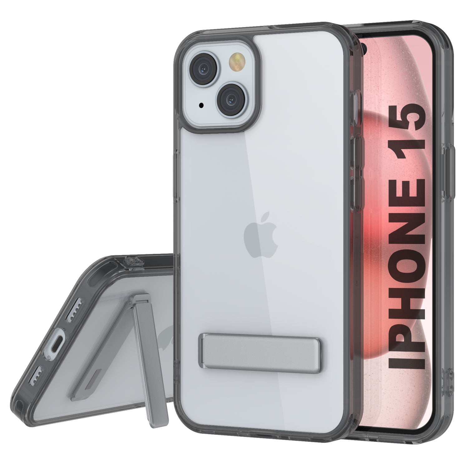 Punkcase iPhone 15 Case with Kickstand [Crystal Kickstand Series] [Slim Fit] [Black]