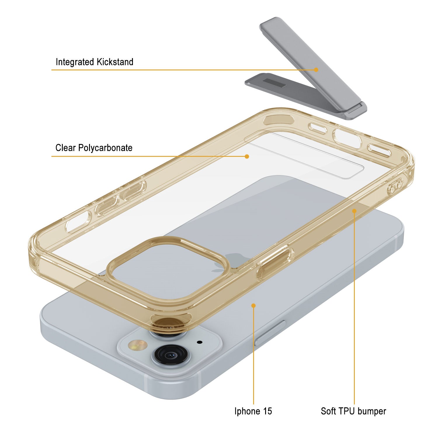 Punkcase iPhone 15 Case with Kickstand [Crystal Kickstand Series] [Slim Fit] [Orange]