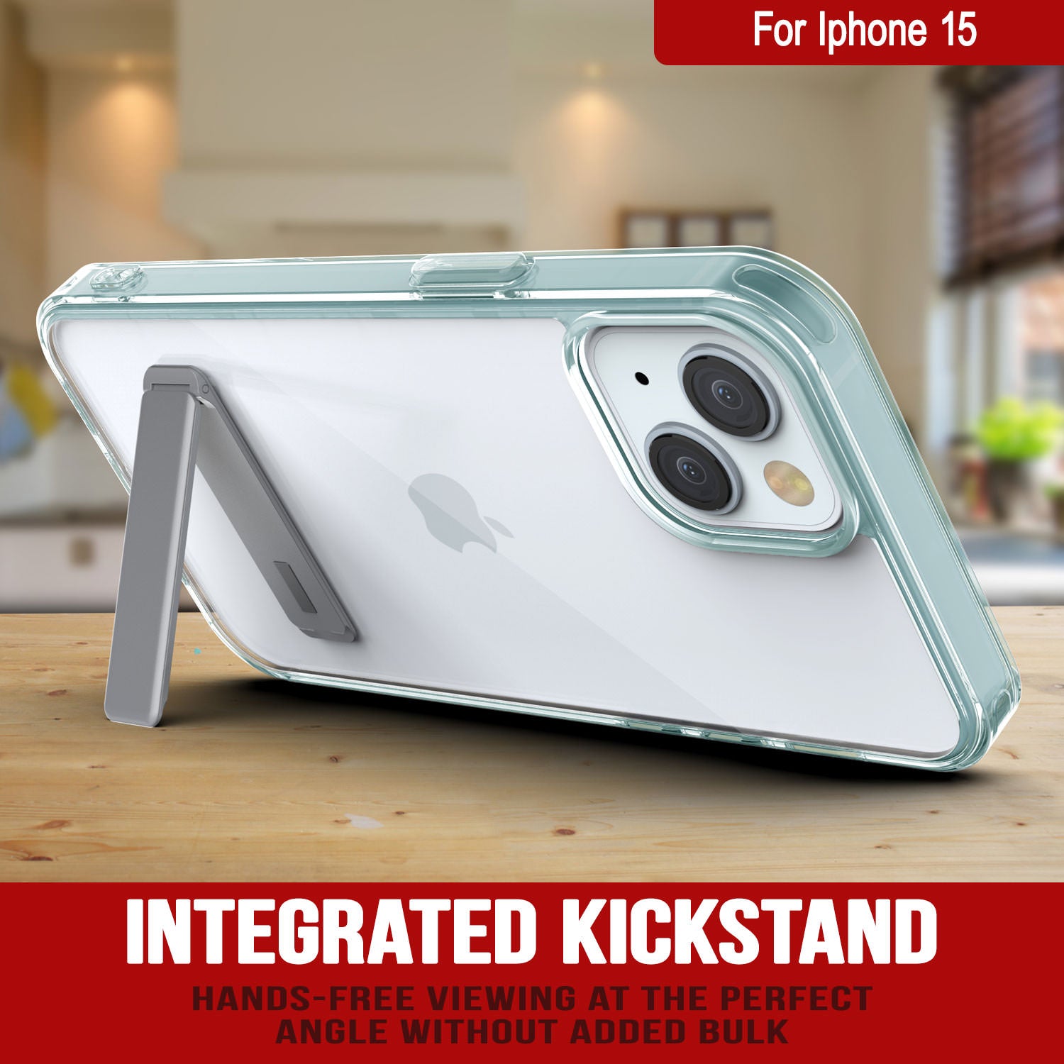 Punkcase iPhone 15 Case with Kickstand [Crystal Kickstand Series] [Slim Fit] [Teal]