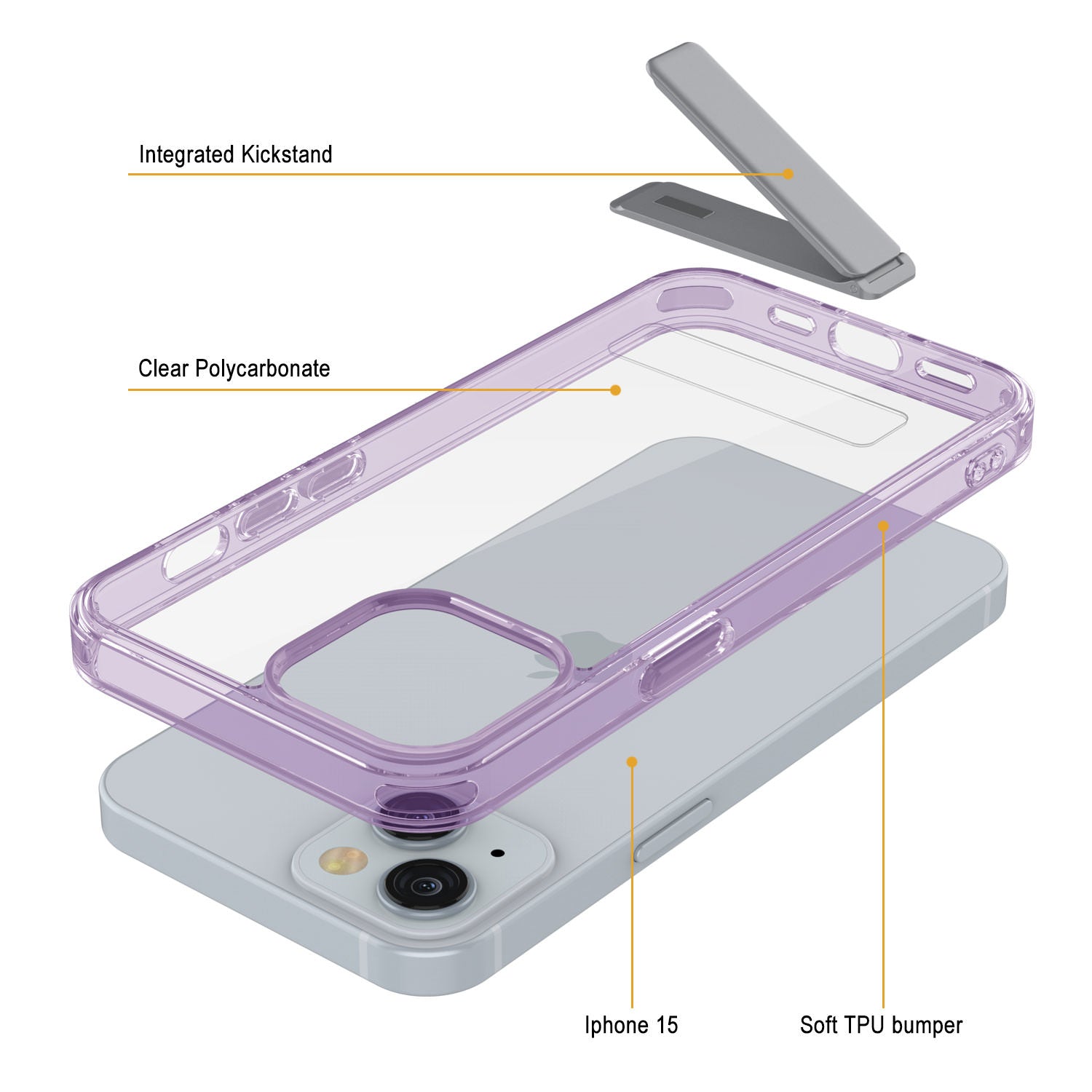 Punkcase iPhone 15 Case with Kickstand [Crystal Kickstand Series] [Slim Fit] [Purple]